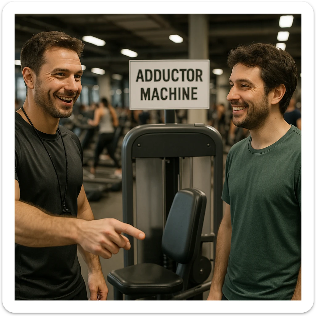 realistic scene of a personal trainer in a crowded gym pointing to the adductor machine to a client, smiling expression, client nodding, Italian sign 'Adductor machine', positive atmosphere, detailed, 4K quality sticker