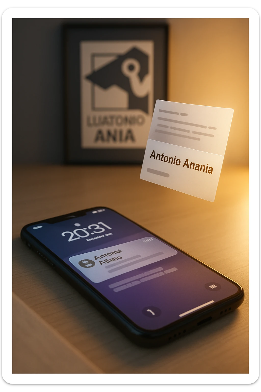 A photo of an iPhone with the message "Antonio Anania" on its screen, hovering over it is another document floating in mid-air, both surrounded by soft light and shadow. The phone sits atop a desk with a blurred background that suggests work environment. A faint glow from above casts gentle shadows across the surface of each object, creating depth and highlighting their textures. sticker
