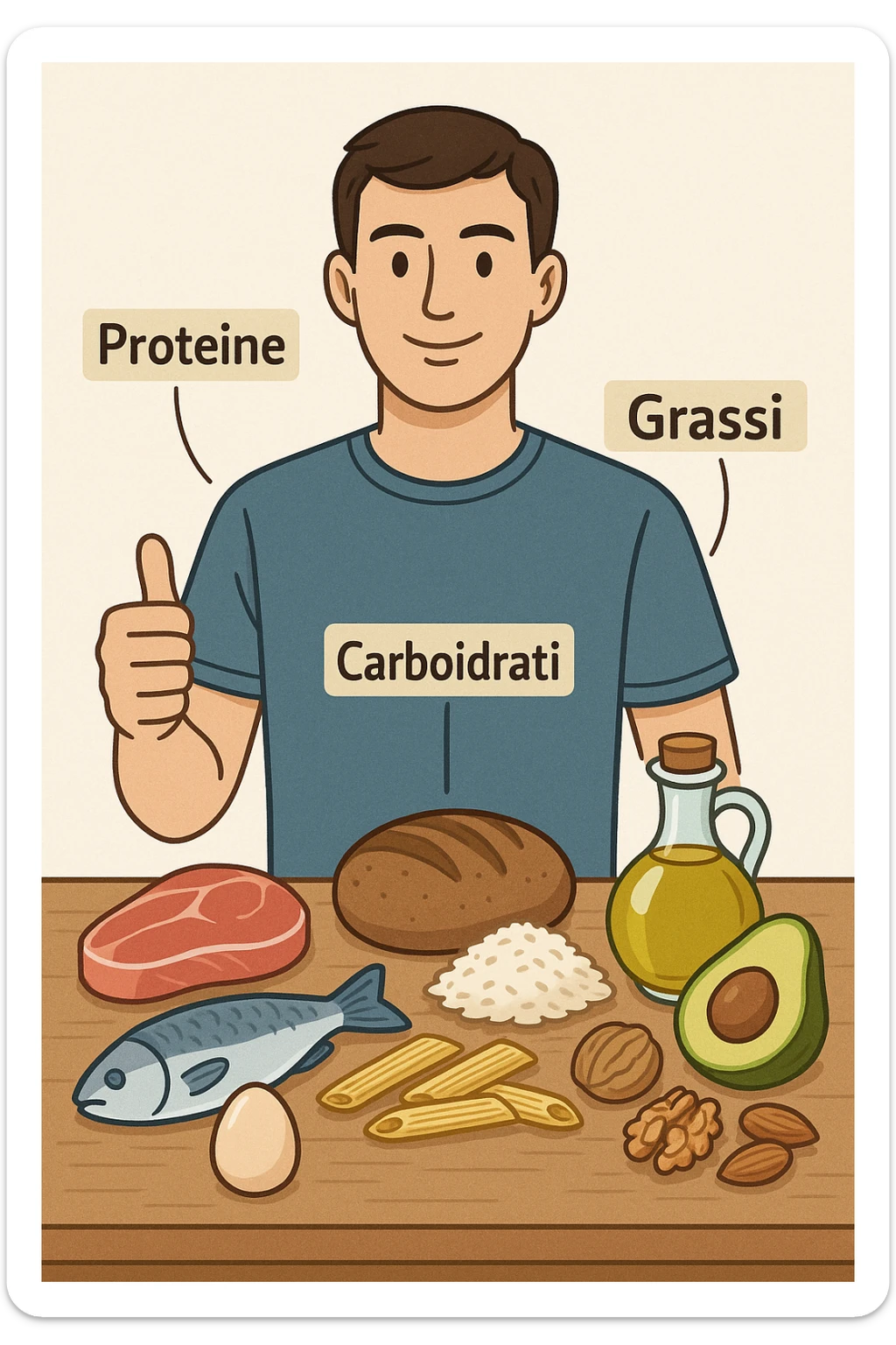 uomo che fa alimentazione attraverso i giusti macronutrienti. Scritte in ITALIANO sticker