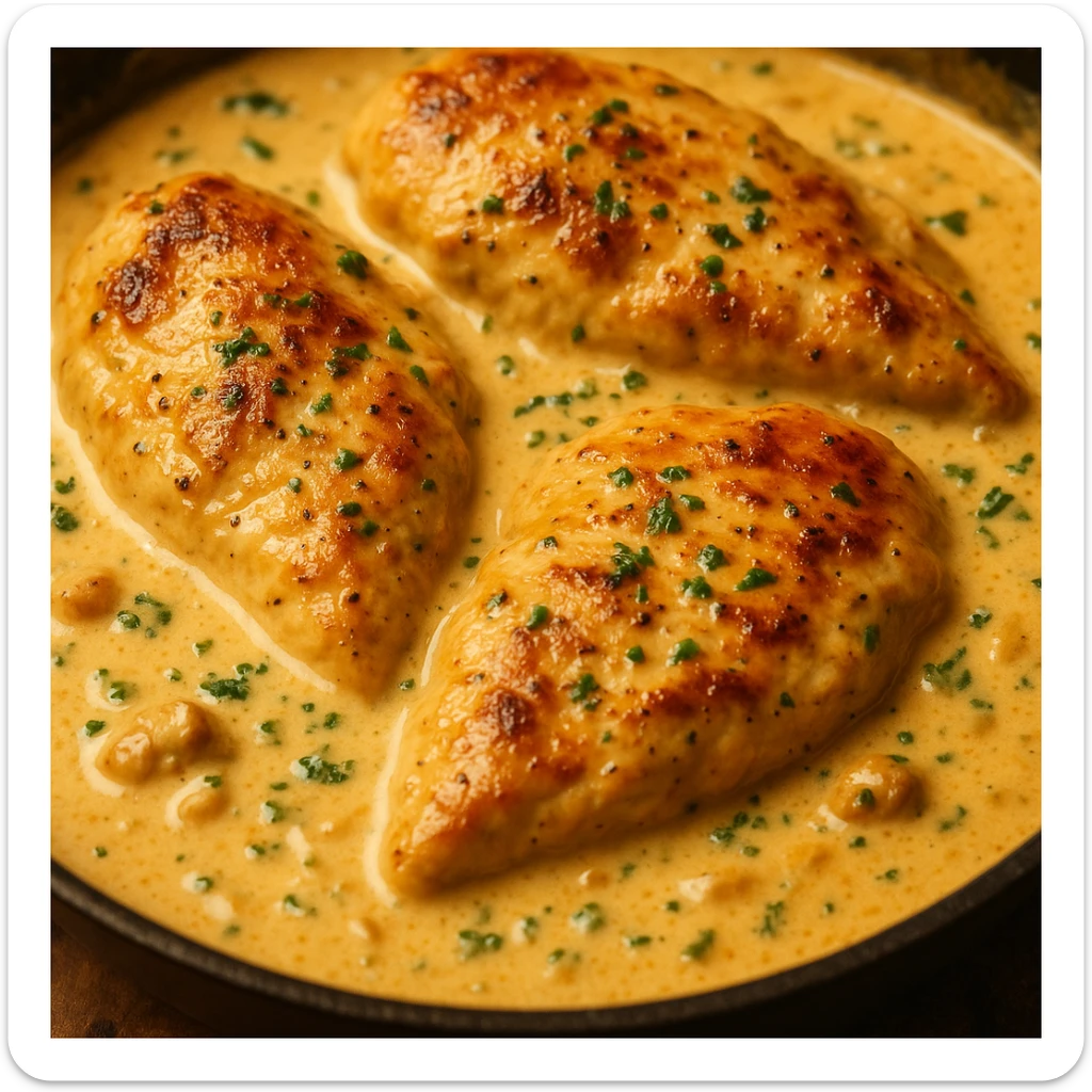 creamy chicken, appetizing, rich sauce, comfort food, close-up, no text sticker