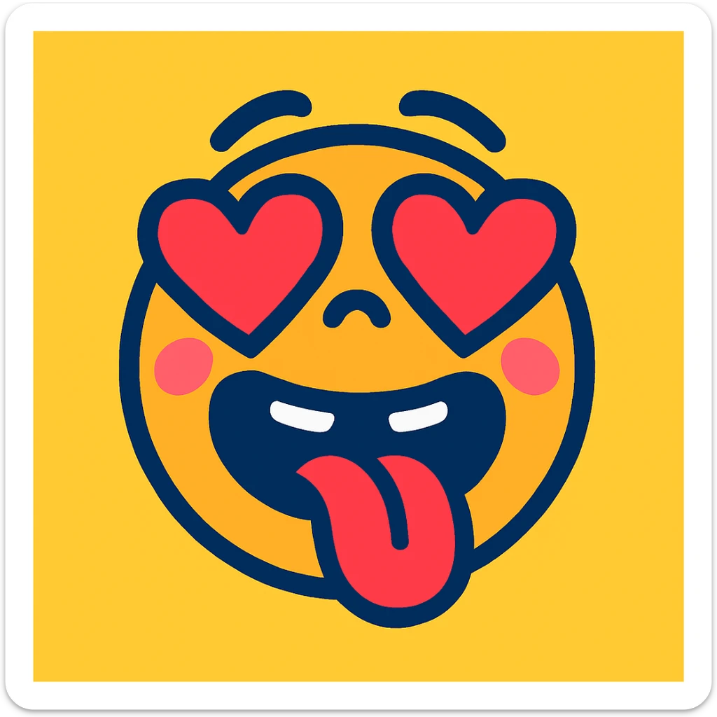 Add heart eyes to the vibrant toon style face with tongue sticking out, eyes crossed, blushing, silly expression. sticker