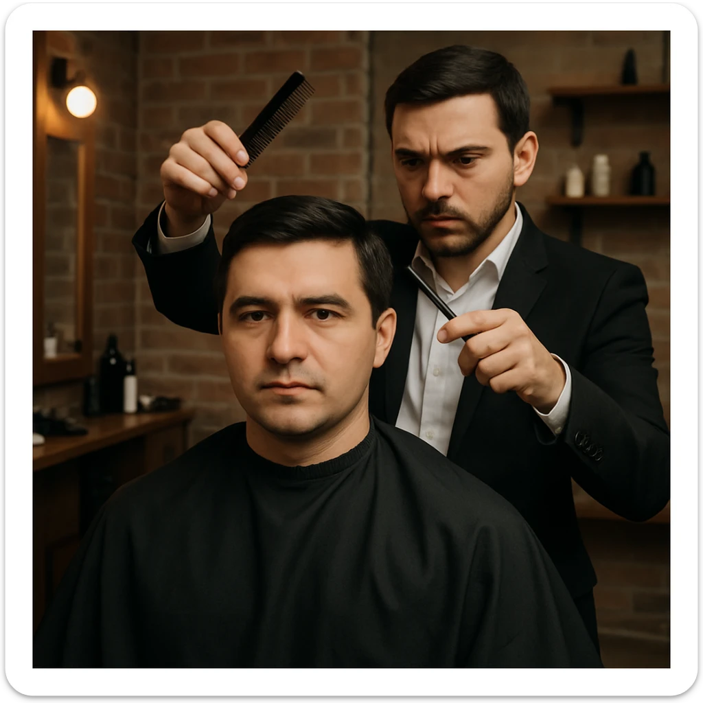 manashu akani yuzlaridan foydalanib sartarosh chizib bergin u soch olishga tayyor turganini chizib ber old rakursda bulsin mijoz tugriga qarab utirganini va sartarosh uni orqasida turib bitta ulida qaychi, ikkta quli bilan tayyorgarlik kurib turganini chizib ber xuddi 1,2,3 boshladik degandey birdaniga ishga kirishib ketadigan dek tayyor bulib tursin sticker