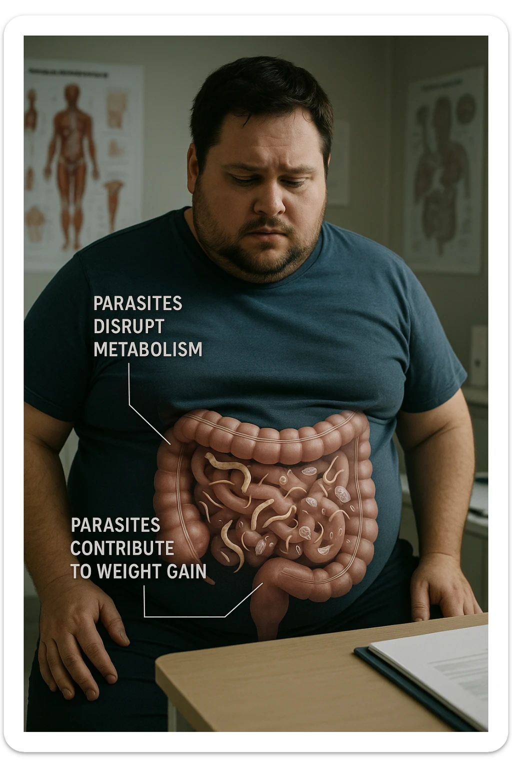 cinematic photo an overweight man is shown with a semi-transparent abdomen, highlighting the intestines filled with various types of parasites (such as worms or protozoa). Educational callouts explain how these parasites can disrupt metabolism and contribute to weight gain. The setting is a medical office, with charts and diagrams in the background. sticker