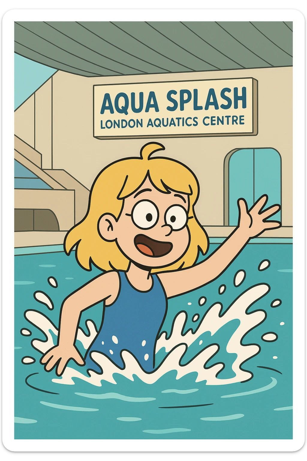 aqua splash london aquatics centre a girl yellow hair blue swimming suits sticker