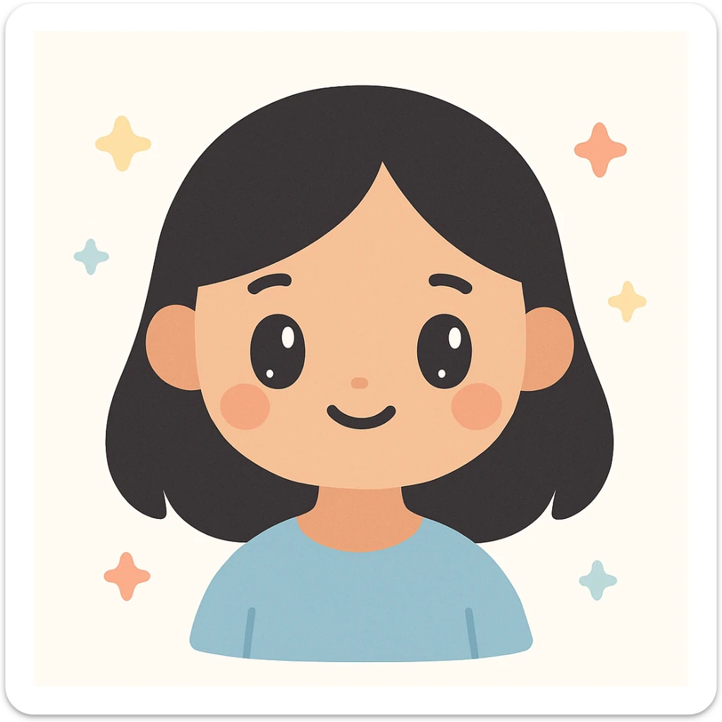 semi-realistic style of a girl with black straight hair and light brown skin, gentle expression, soft pastel colors sticker