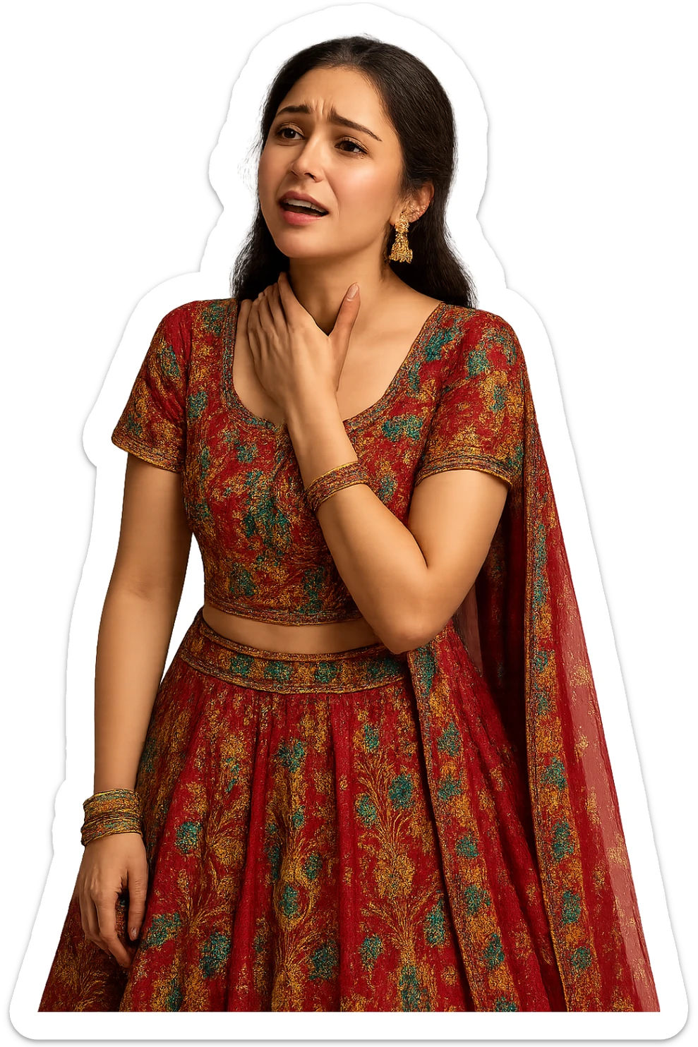 A girl in lehenga choli, holding her neck, detailed embroidery, expressive face, no background sticker