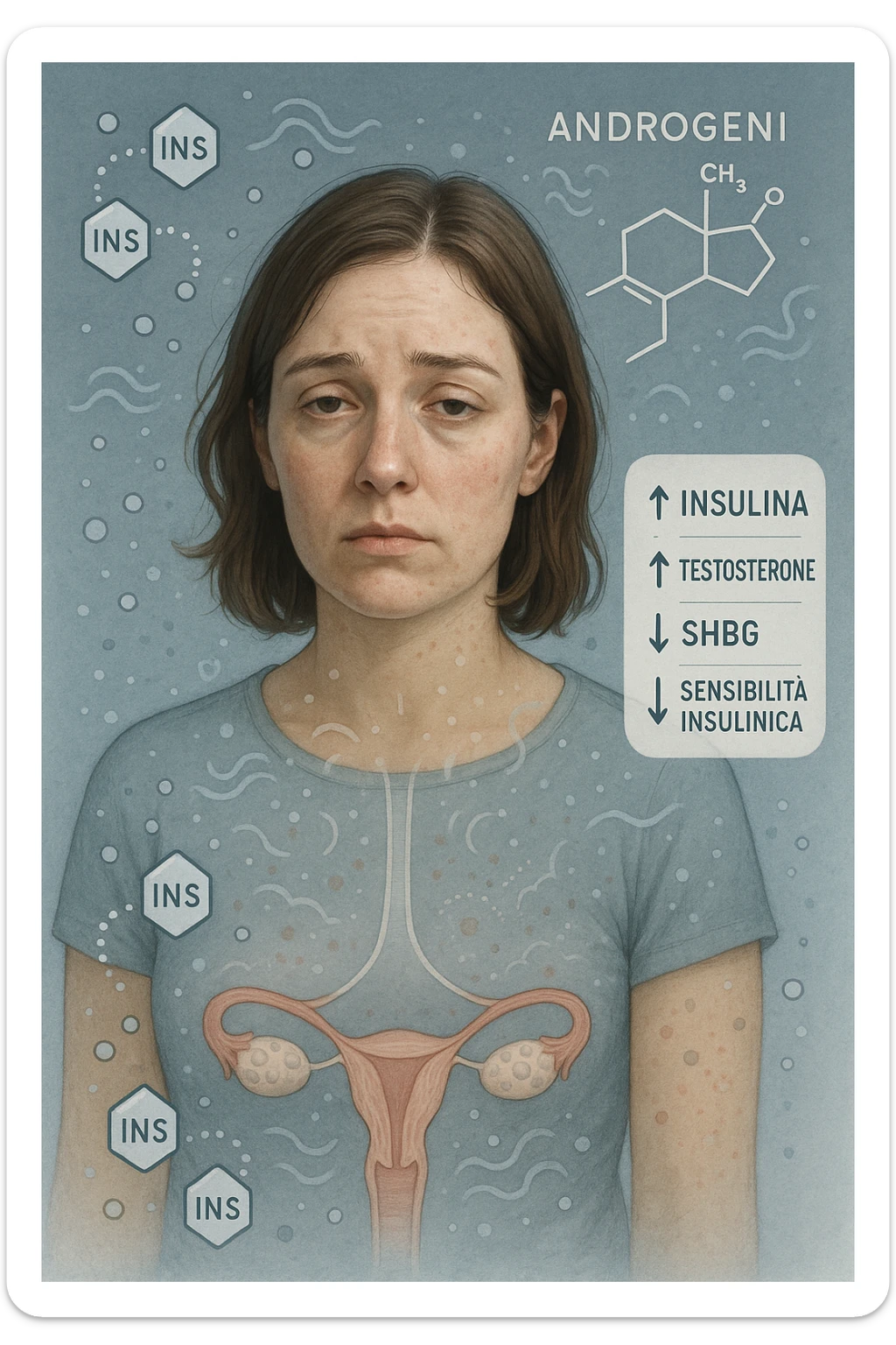 Donna tra i 25 e i 35 anni in primo piano, con espressione affaticata. Intorno al suo corpo appaiono in modo stilizzato e simbolico squilibri ormonali: molecole di insulina in eccesso fluttuano attorno, androgeni (testosterone) evidenziati sopra la testa, segnali visivi di infiammazione cronica lieve. Sopra le ovaie (visibili in trasparenza) compaiono piccole cisti multiple. Accanto a lei, un diagramma stilizzato mostra: '↑ Insulina', '↑ Testosterone', '↓ SHBG', '↓ Sensibilità insulinica'. L’atmosfera è scientifica, educativa ma empatica. Stile realistico con elementi infografici fluttuanti e colori freddi ma puliti. sticker