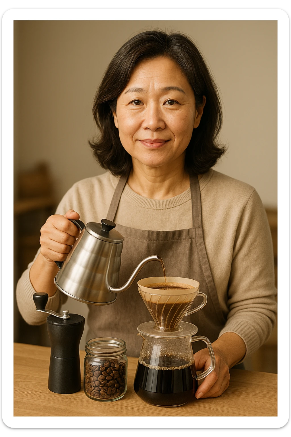 Upper body portrait of a 55-year-old typical Korean woman, specialty coffee enthusiast atmosphere, trustworthy expression emphasizing emotional empathy and information transparency, enjoying a professional coffee experience at home, natural hairstyle and neat clothing, warm and calm color tones, advertising mockup style sticker