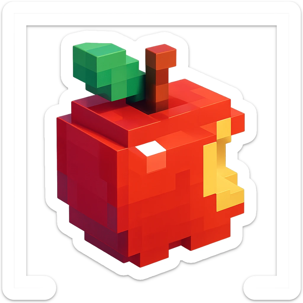 A voxel-style apple with a bite taken out, vibrant colors, simple geometric shapes, and a glossy finish sticker