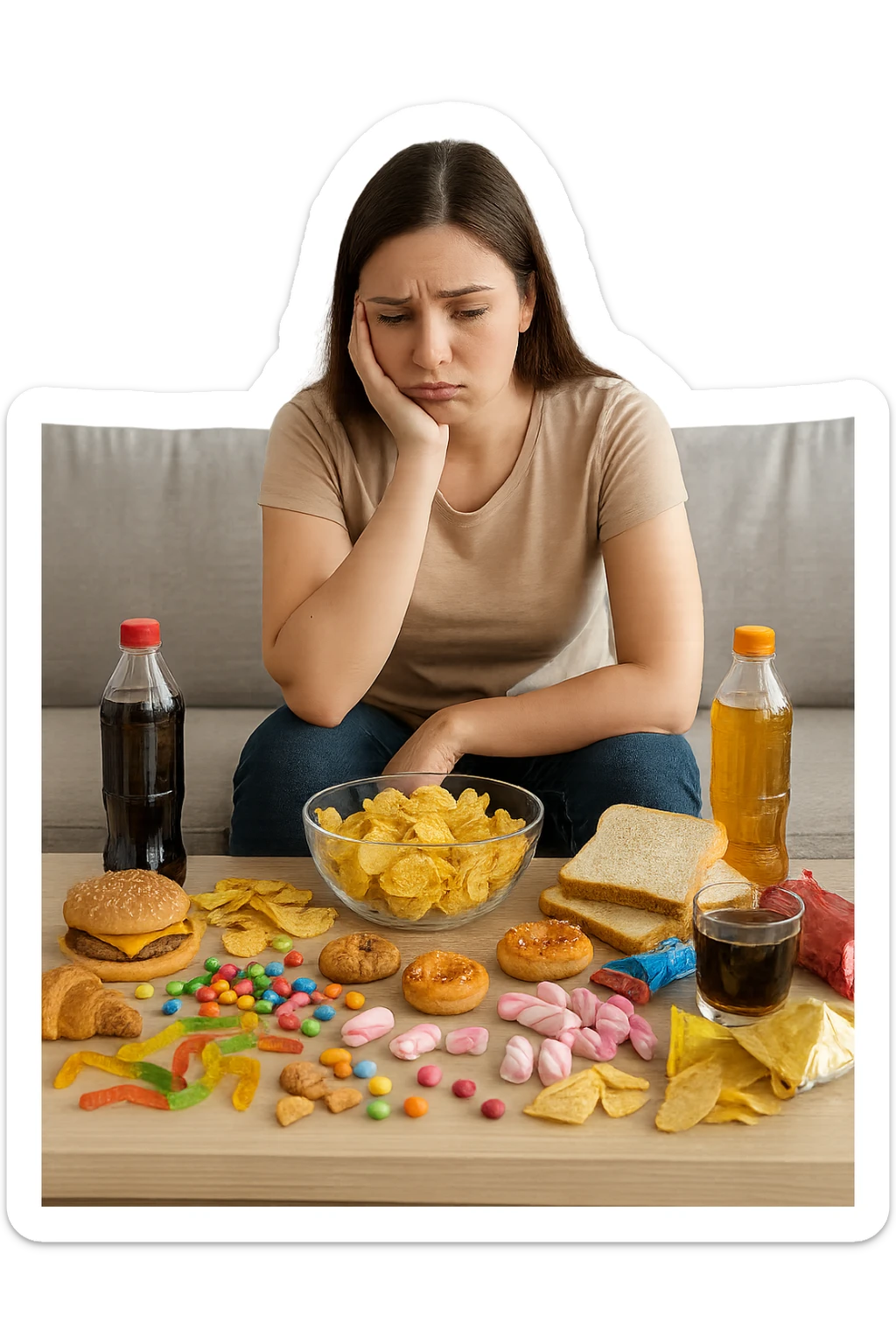 Donna tra i 25 e i 35 anni seduta sul divano o a un tavolo disordinato, circondata da cibi sparsi e poco sani: patatine, dolci, pane bianco, snack confezionati, bibite.  sticker