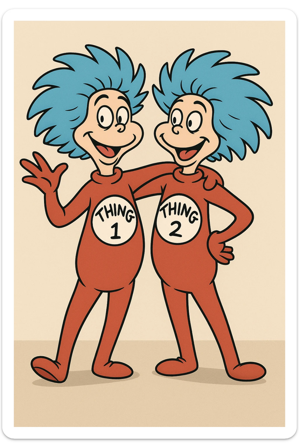 Thing One and Thing Two, mischievous pose, blue hair, red suits, white circles with 'Thing 1' and 'Thing 2', cartoon style sticker