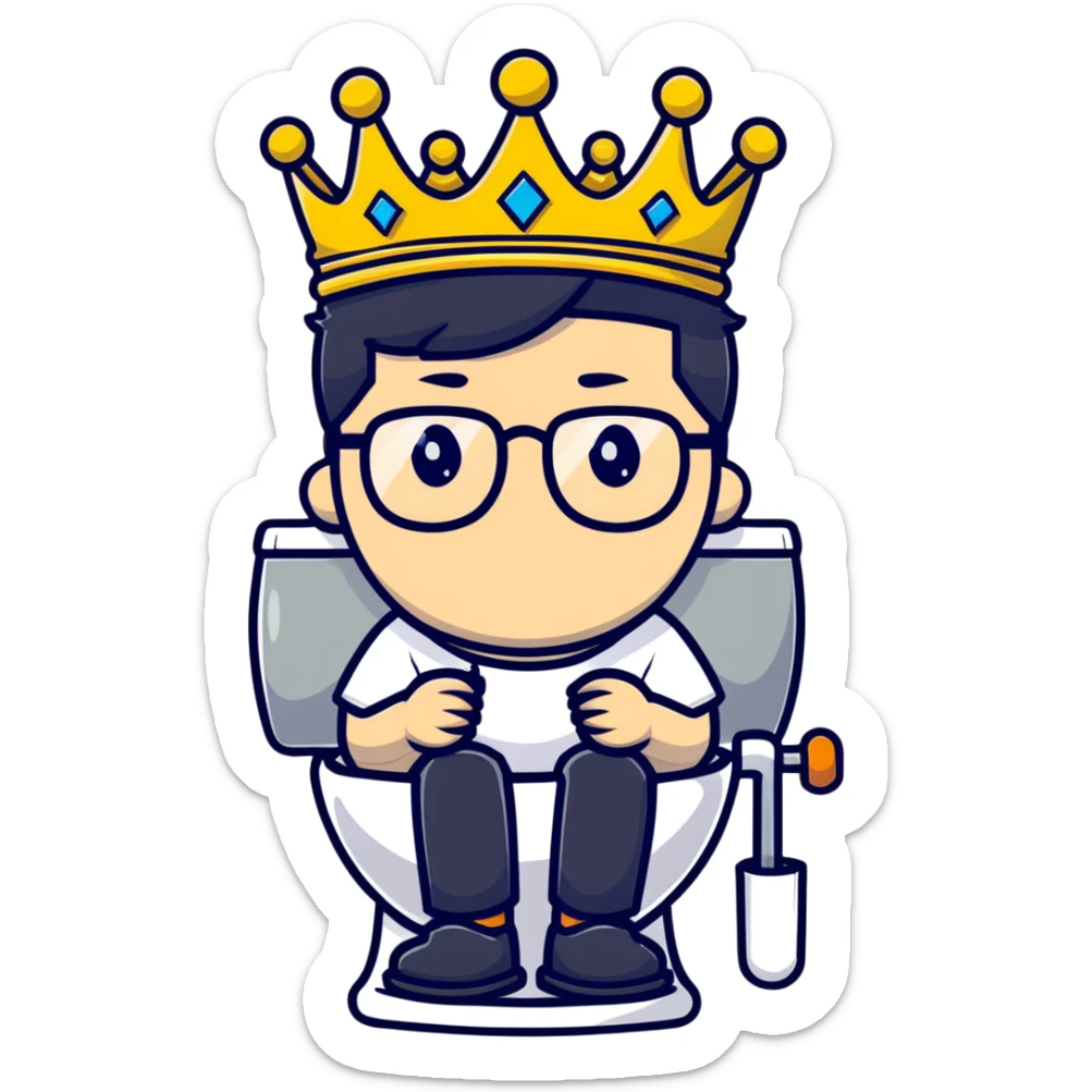 Royal king with crown sitting on a toilet, wearing round glasses and black hair sticker