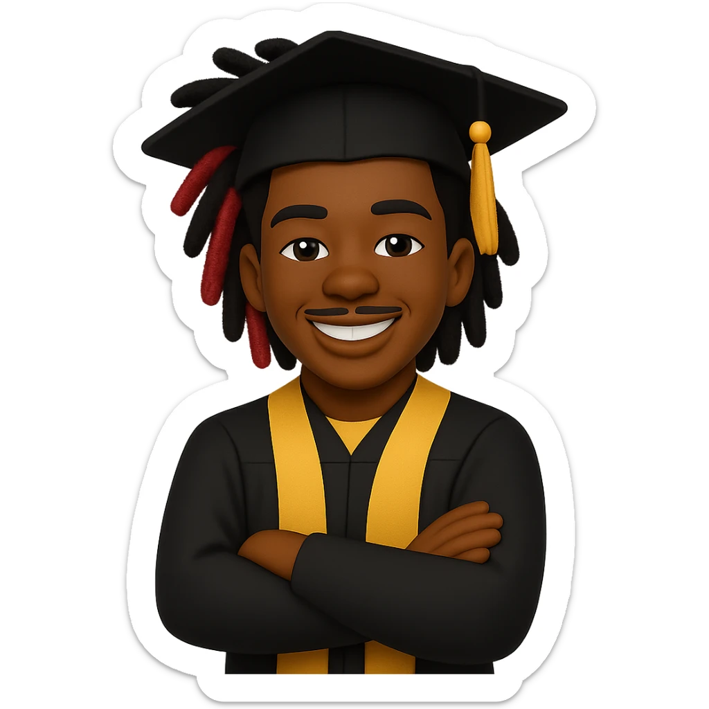 Create a male African American graduate emoji with the hairstyle and features from the reference photo, wearing a graduation cap and gown, arms crossed and smiling. No background. sticker