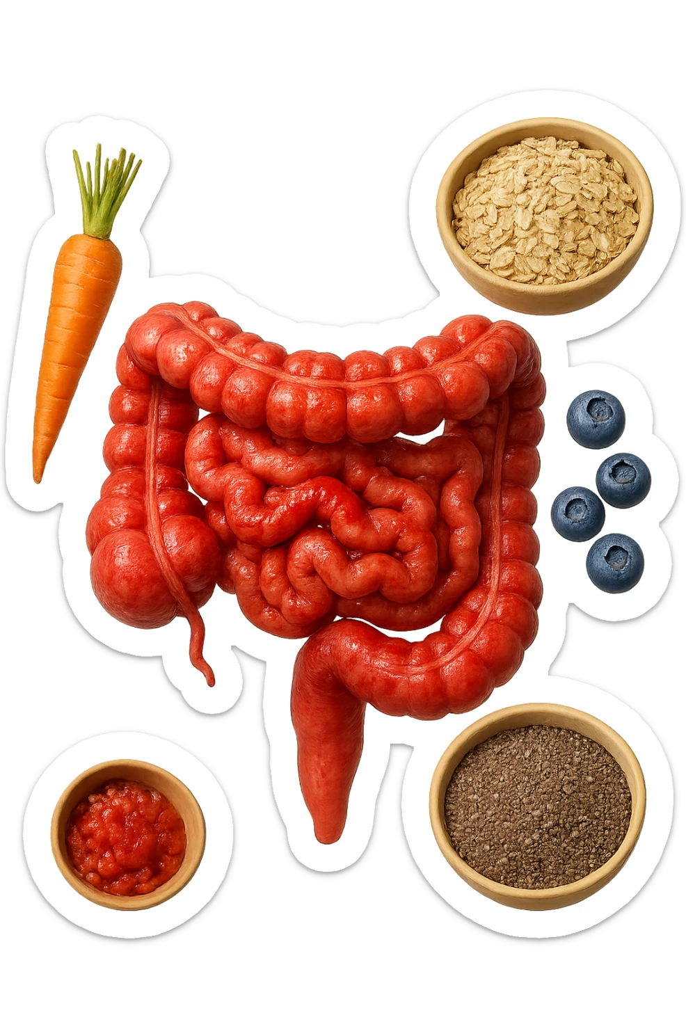 intestino umano anatomico infiammato al centro con carota, bowl di avena, mirtilli, bowl di semi di chia che gli fluttuano intorno , iperrealistico 4k sticker