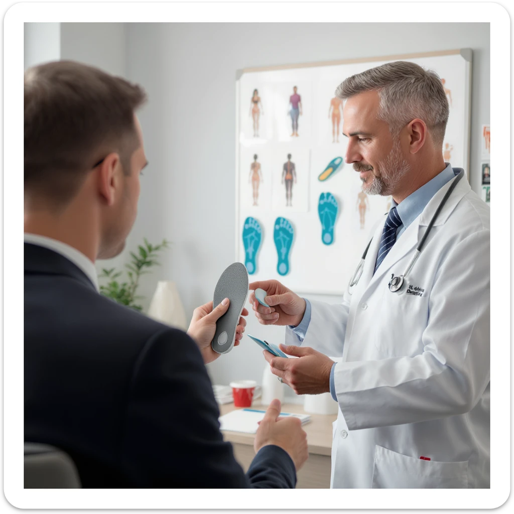 vertical scene in a professional medical office, a doctor showing orthotic insoles to a client but also pointing to a board with postural exercises and images of other specialists, suggesting insoles are not the definitive solution, professional illustrative style sticker