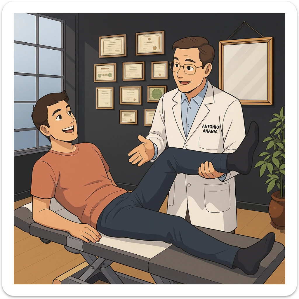 su questo lettino rappresenta un webtoon manga a colori con questo stile, in cui un uomo è steso sul lettino medico e il kinesiologo con il camice bianco (fagli anche la scritta "ANTONIO ANANIA" SUL CAMICE, gli solleva una gamba per fargli il test neuromuscolare, IL KINESIOLOGO SPIEGA ALL'UOMO UNA cosa mentre gli alza la gamba. l'espressione dell'uomo è felice e soddisfatta, non fare i fumetti però, fai solo in modo che sembri stiano parlando sticker