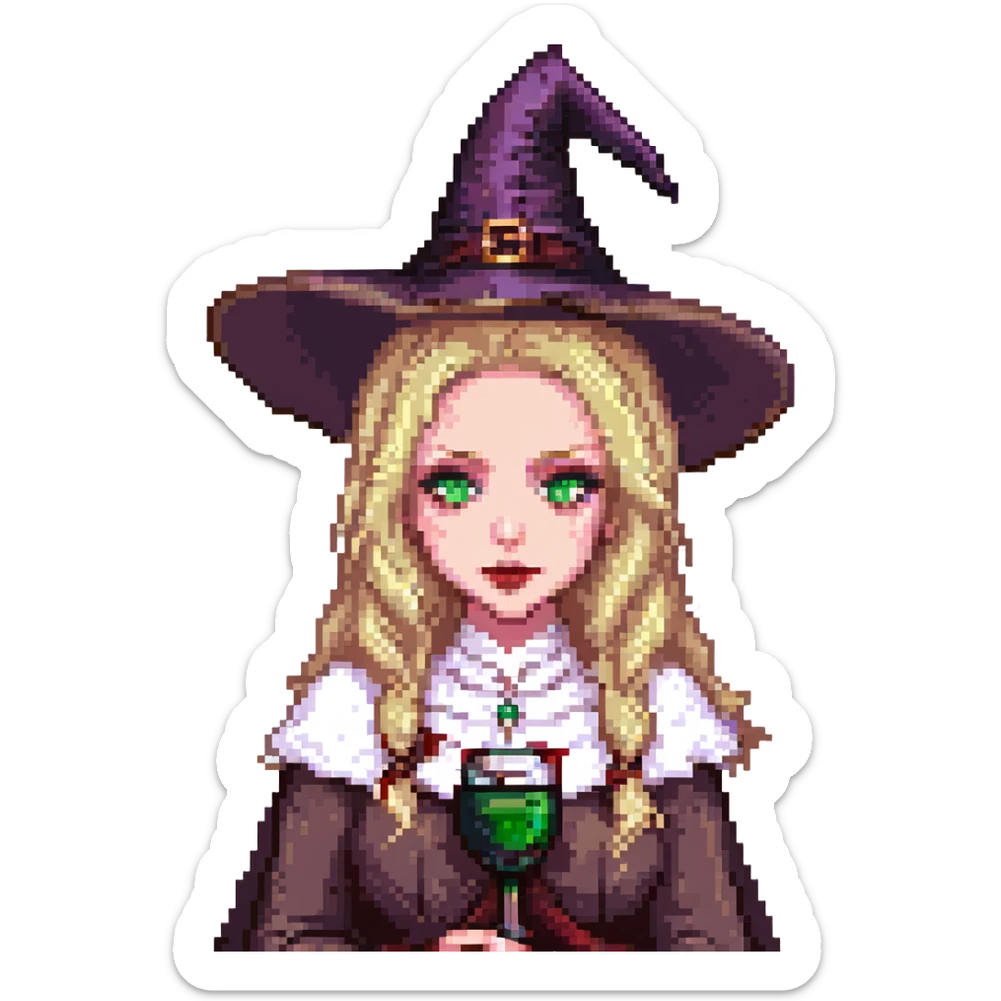 pale sorceress, wavy blonde hair, green eyes, wine lipstick, witch hat, pixel art sticker