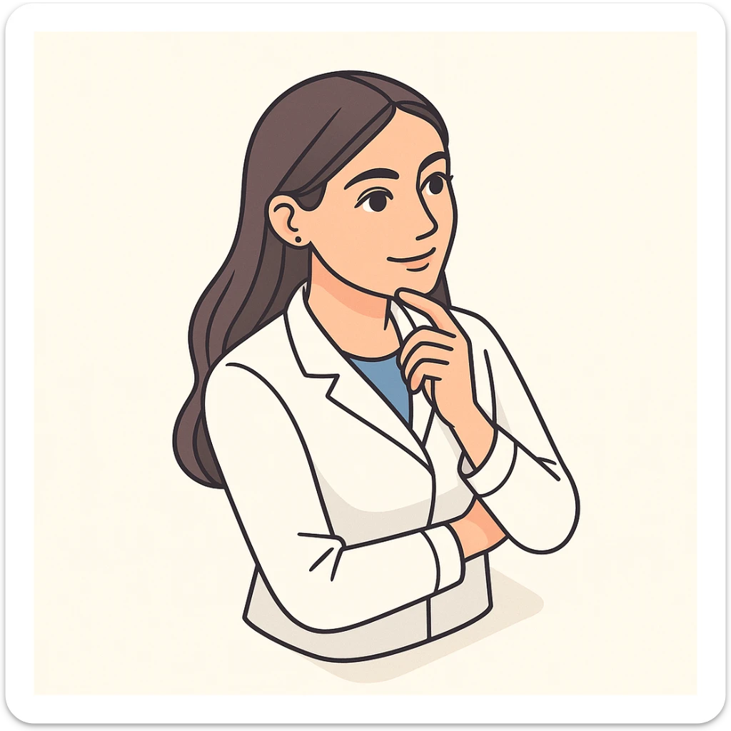 A girl doctor with dark long straight hair, detailed brown eyes (not just dots), wearing a white medical coat, in 2D isometric style with a minimalist background, thoughtful finger on chin, with a slight half-smile expression. sticker