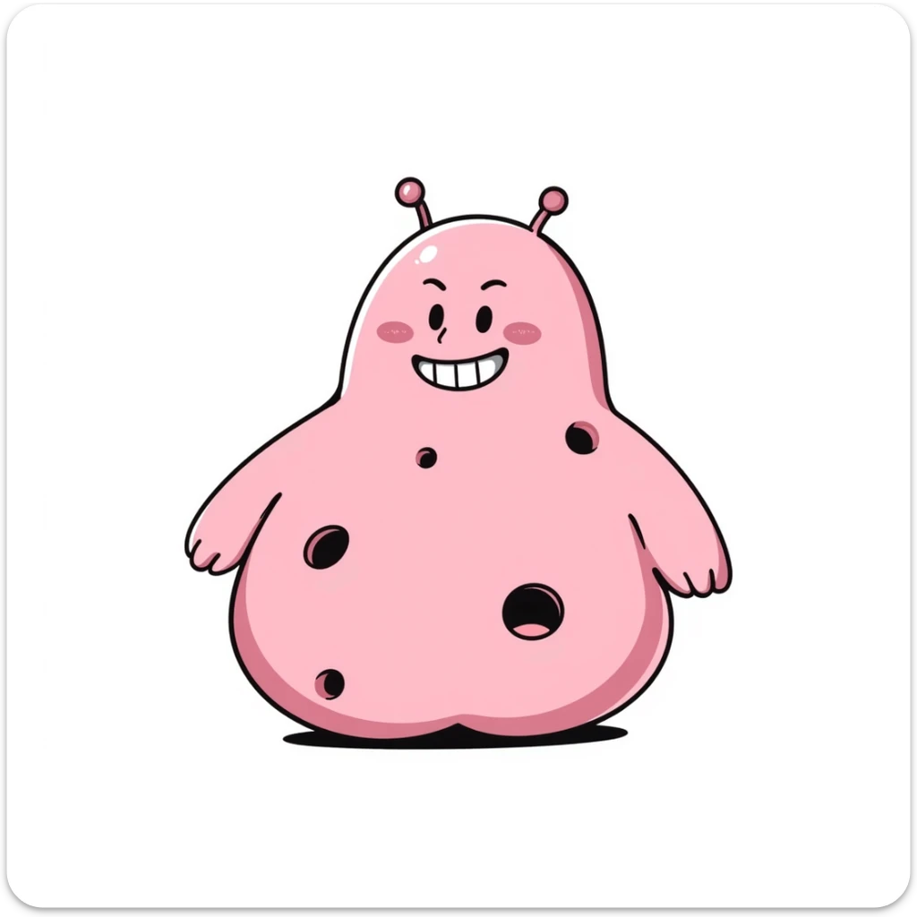 Majin Buu from Dragon Ball Z, pink blob monster with holes, antenna on head, mischievous smile sticker