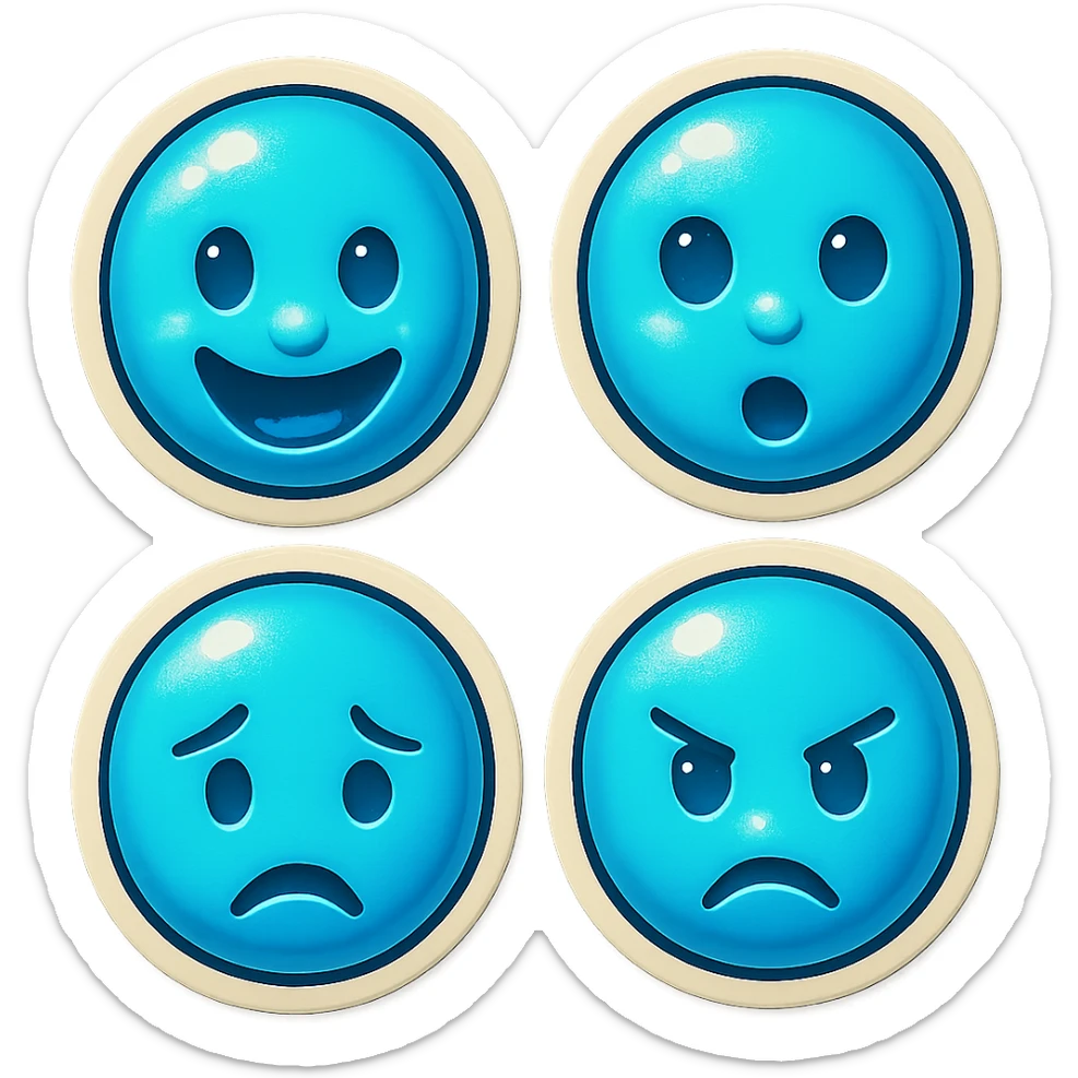 Create four similar variants of this emoji image, maintaining the emoji style and blue color, but with different facial expressions. sticker