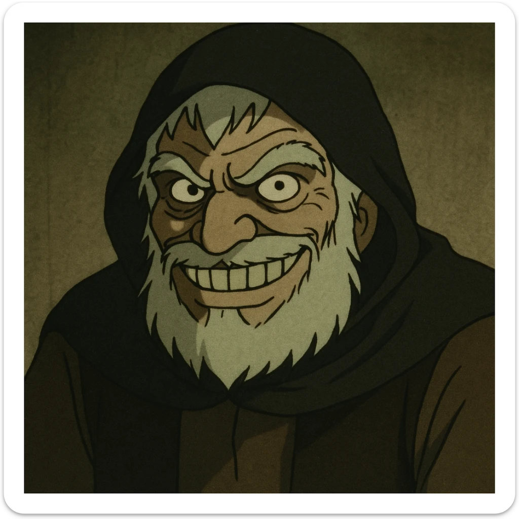 Heidi’s grandfather from the 1978 Japanese series, reimagined as a sinister accomplice, with a creepy smile, in a vintage anime style sticker