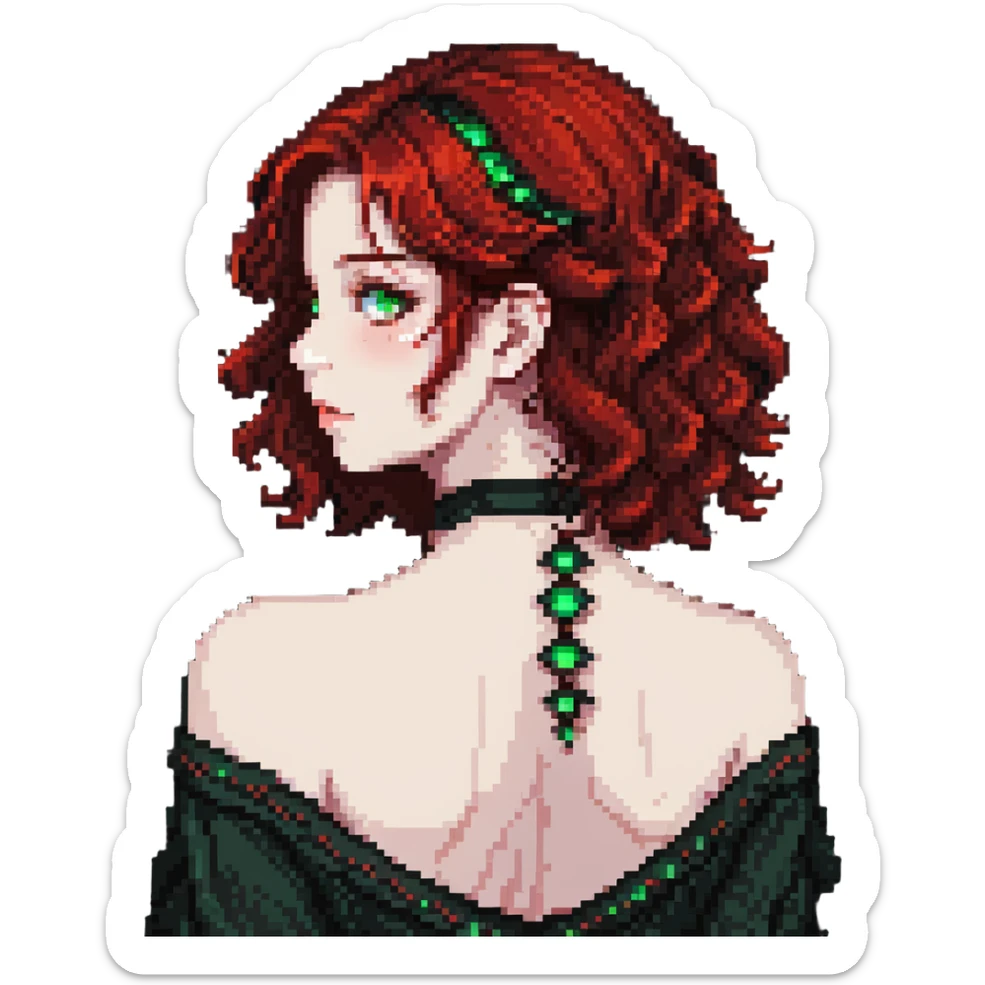 girl with green eyes, white skin, wavy black hair, red hair at the back of her neck sticker