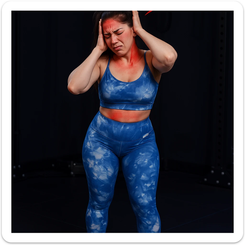 Realistic style edit of the same girl identical to the photo with one hand on the nape and one on the temple, expression of intense pain. Pain symbols like redness and lightning on neck and head. sticker