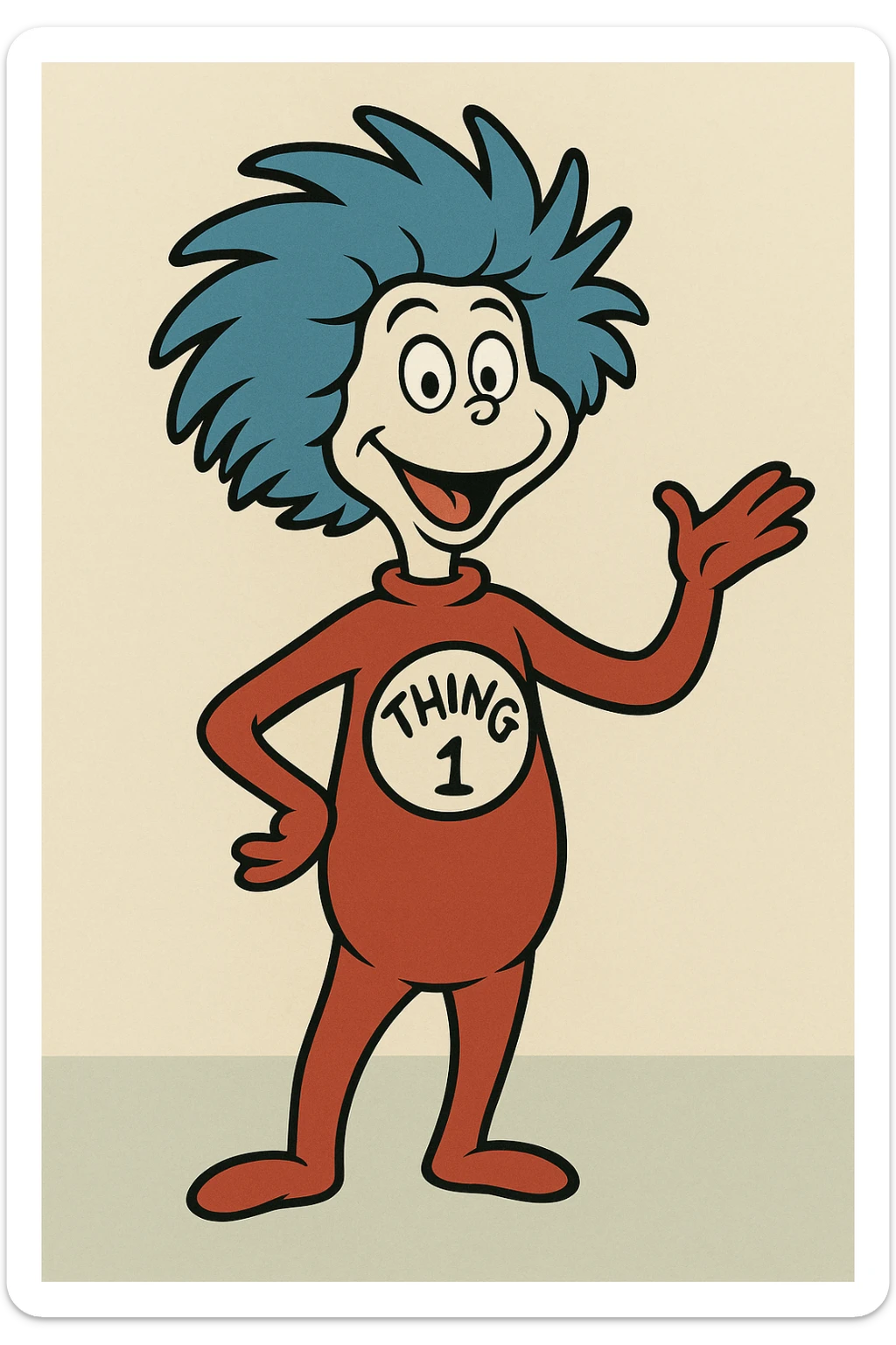 Thing One from Dr. Seuss, playful, blue hair, red suit, white circle with 'Thing 1' text, cartoon style sticker
