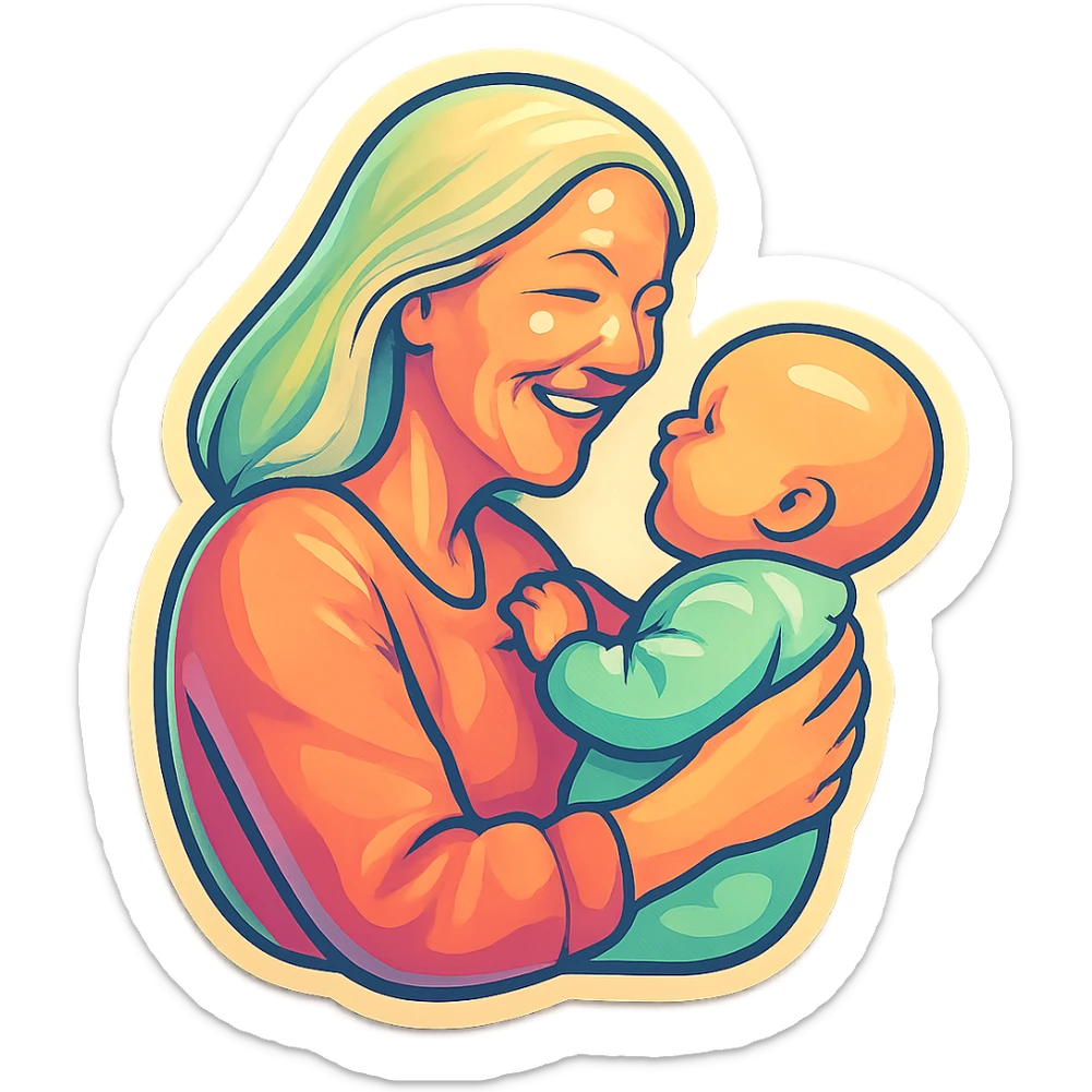 mature woman with long light hair holding a baby in her arms, smiling, side view, thin clean outlines, soft rounded shapes, pastel palette, retro sticker aesthetic, detailed shadows and highlights, soft lighting sticker