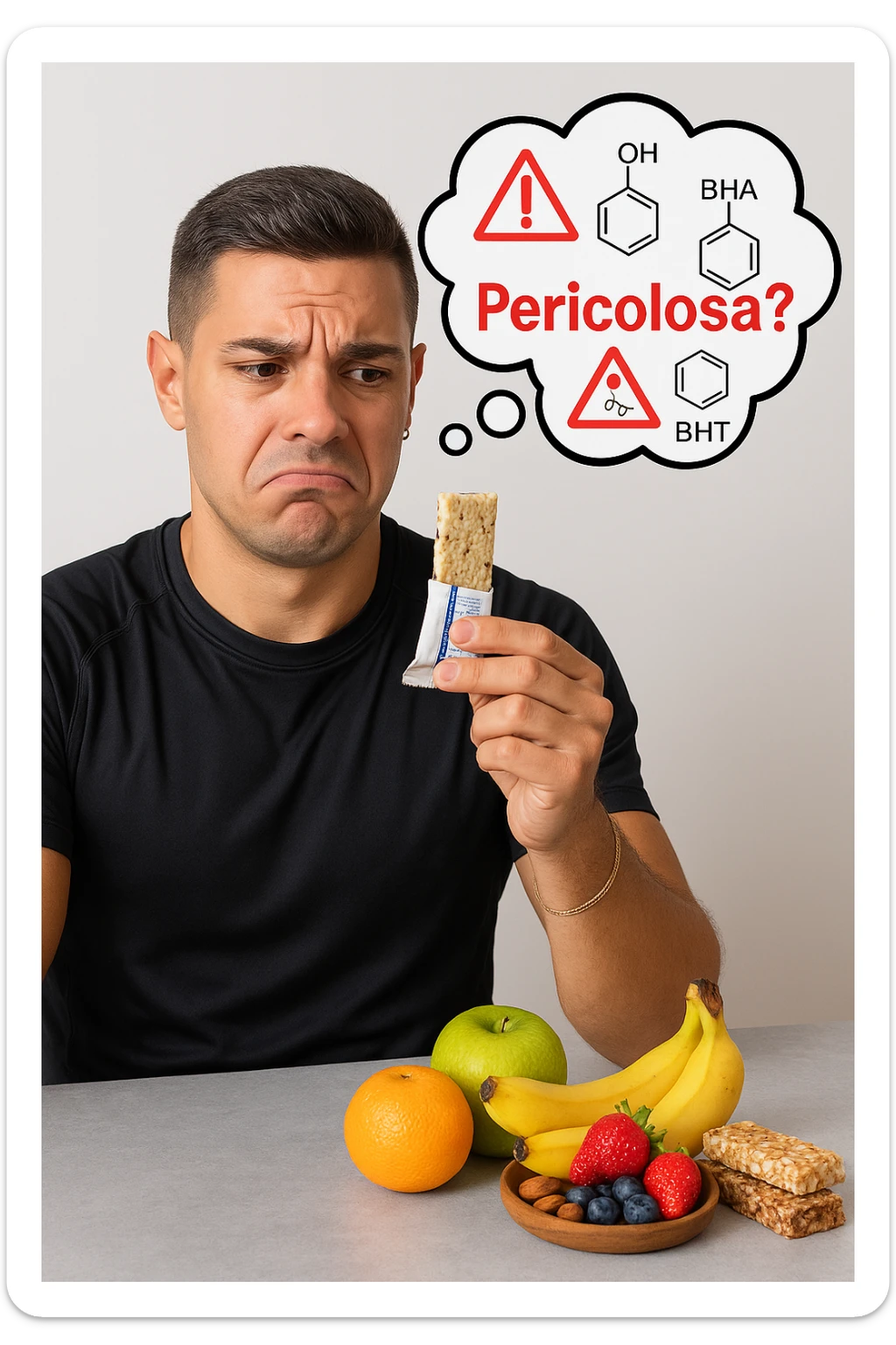 un uomo in abbigliamento sportivo tiene in mano una barretta proteica, osservandola con un’espressione scettica e preoccupata. Sopra la barretta, una nuvoletta di pensiero mostra simboli di allarme, ingredienti chimici e la scritta “Pericolosa?” in rosso. Sullo sfondo, frutta fresca e altri snack naturali sono visibili sul tavolo, sottolineando la sua preferenza per alternative più sane. sticker