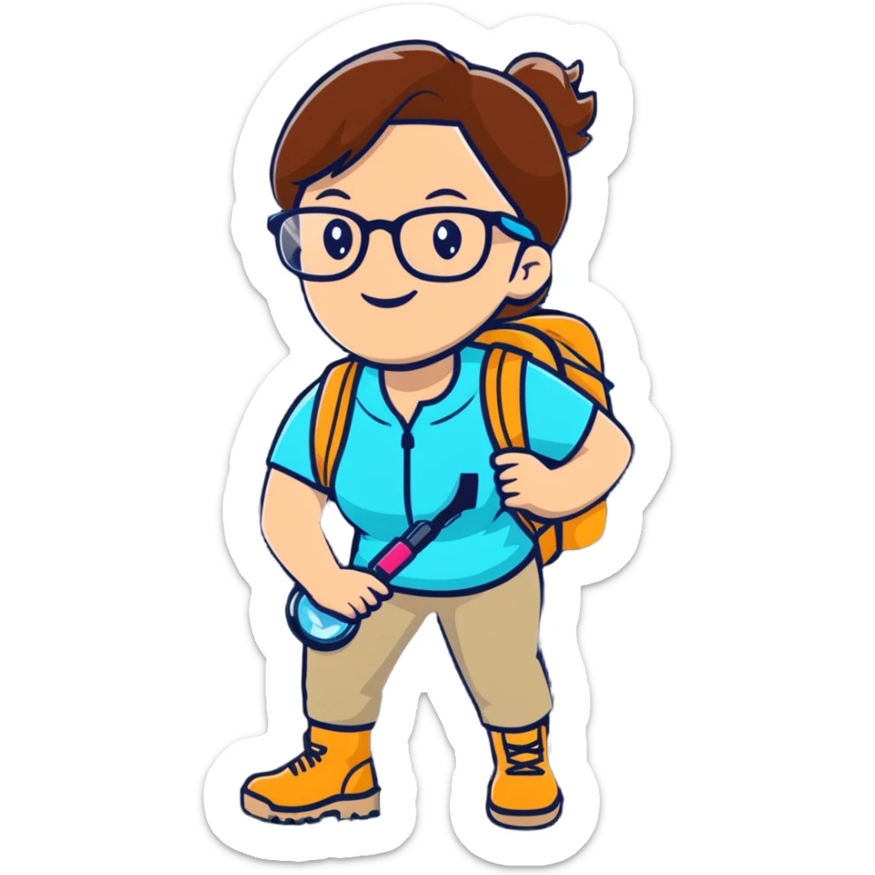 Very cheerful excited woman in her 40s with glasses wearing sporty outfit, hiking boots, and backpack, holding a magnifying glass with big smile sticker