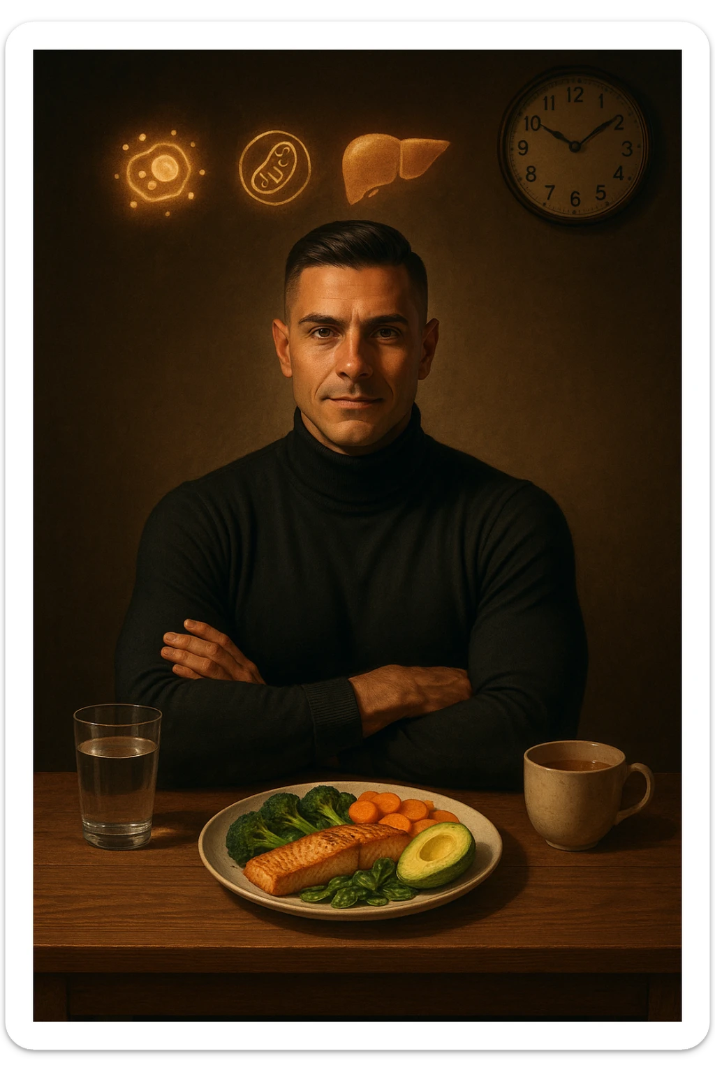 A realistic, cinematic illustration of a healthy, fit man in his early 30s with a calm, disciplined expression, sitting at a clean wooden table in the evening with a single, balanced, nutrient-dense meal in front of him (grilled salmon, colorful vegetables, avocado). The rest of the day he drinks only water and herbal tea, visible in a glass and a simple cup on the side. A wall clock in the background shows 6:00 PM, emphasizing that this is his only meal of the day (OMAD). Subtle glowing icons above him display a regenerating cell, mitochondria, and a liver symbol, representing autophagy, longevity, and health benefits of OMAD. The lighting is warm, with cinematic shadows and natural tones, creating a sense of discipline, mental clarity, and health optimization. The man looks centered and content, showing that OMAD is a conscious choice for energy and regeneration, not restrizione. The scene is realistic with slight film grain for depth sticker