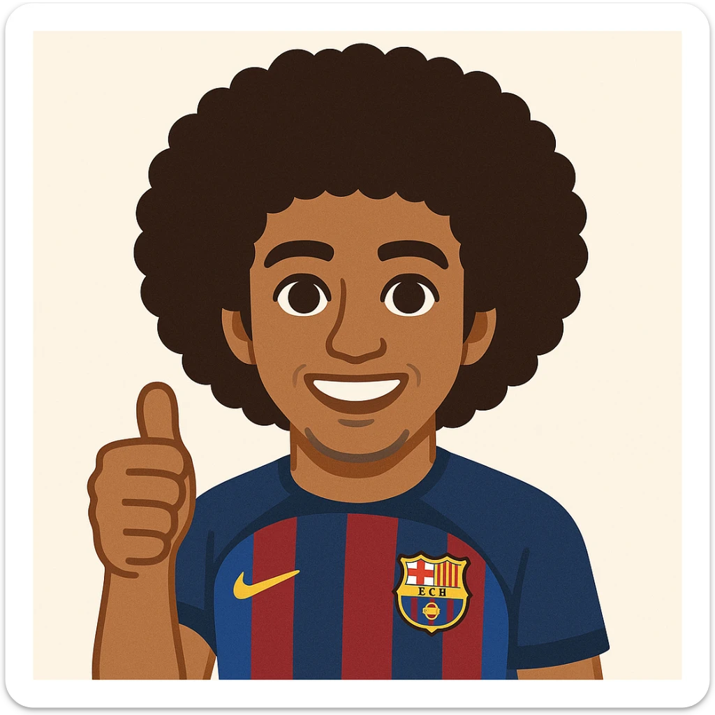Add afro hair to Raphinha, Barcelona football player, giving a thumbs up, wearing Barcelona kit. The style should resemble emoji style. sticker