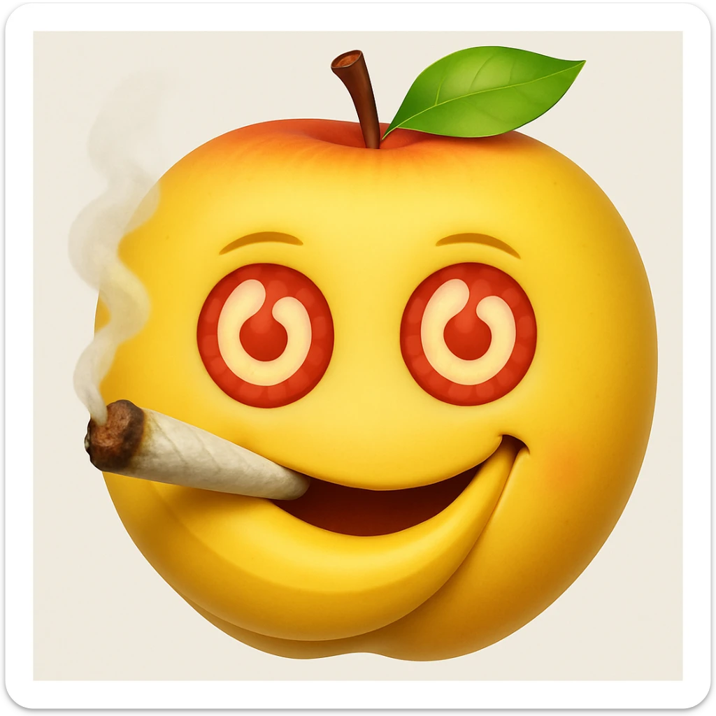 Add a cartoon joint with smoke to the smiley face made of apples as eyes and a banana as the mouth. Make it look like the face is smoking weed, keep the emoji style. sticker