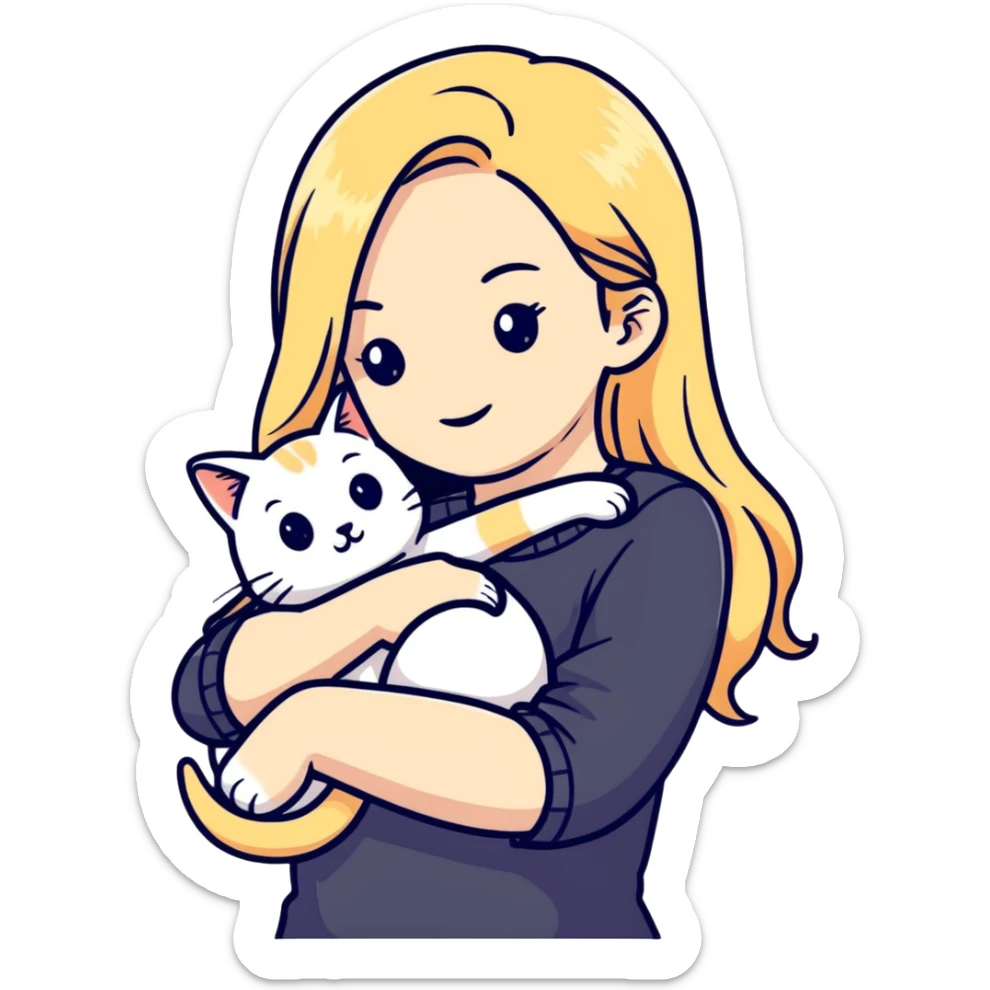 pretty woman with pale skin, very long blonde hair hugging a cat sticker