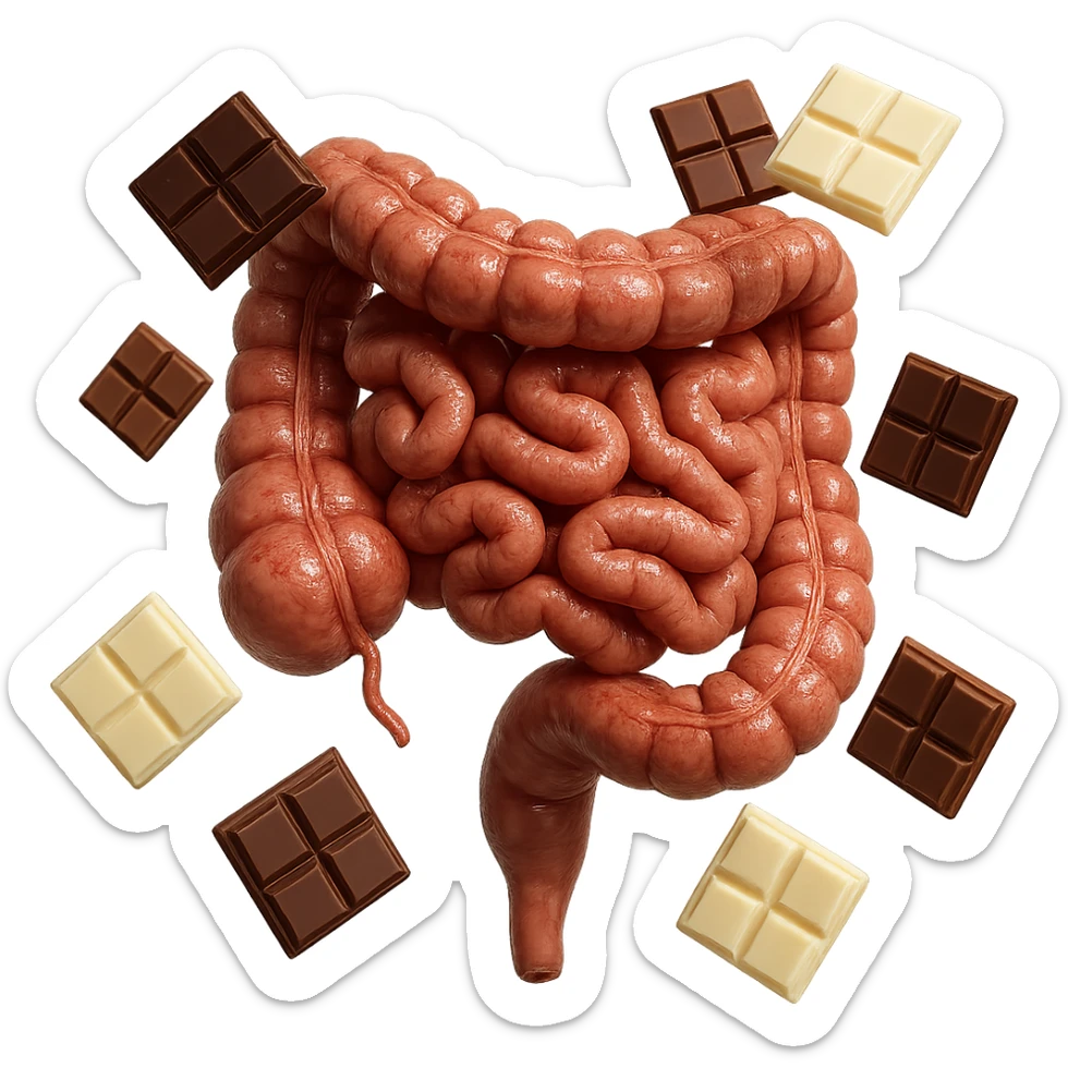 pezzetti di cioccolato fondenti, al latte e bianchi fluttuano intorno ad un intestino umano anatomico realistico, IPERREALISTICO 4K sticker