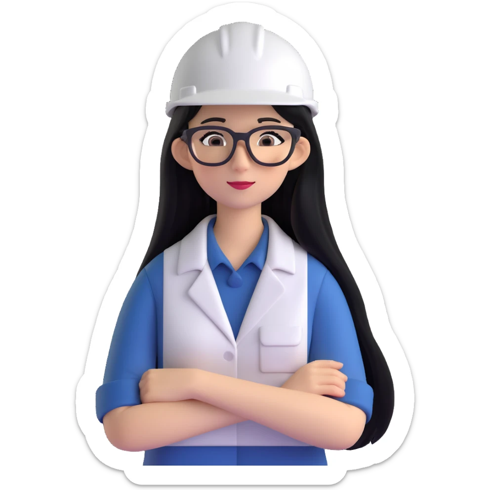 A woman with long, straight black hair, wearing glasses and a white architect's helmet sticker