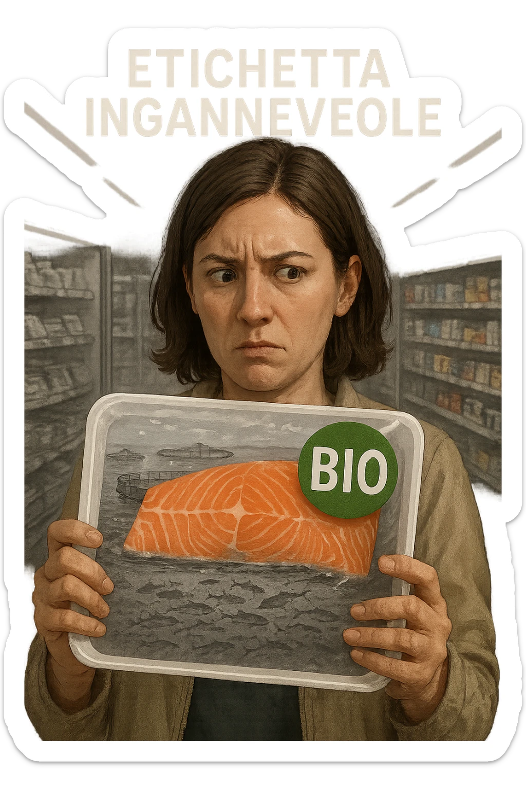 Scena in un supermercato moderno: uomo o donna tiene in mano una confezione di salmone etichettata 'BIO', con un grande bollino verde. Ma in trasparenza, dietro l’etichetta, si intravede un allevamento intensivo di salmoni in gabbie marine, acqua torbida e pesci ammassati. Espressione del cliente confusa e sospettosa. Sopra la testa, testo simbolico fluttuante: 'Etichetta ingannevole'. Colori contrastanti: confezione brillante ma realtà di fondo grigia e artificiale. Stile realistico con elementi simbolici forti realistico sticker
