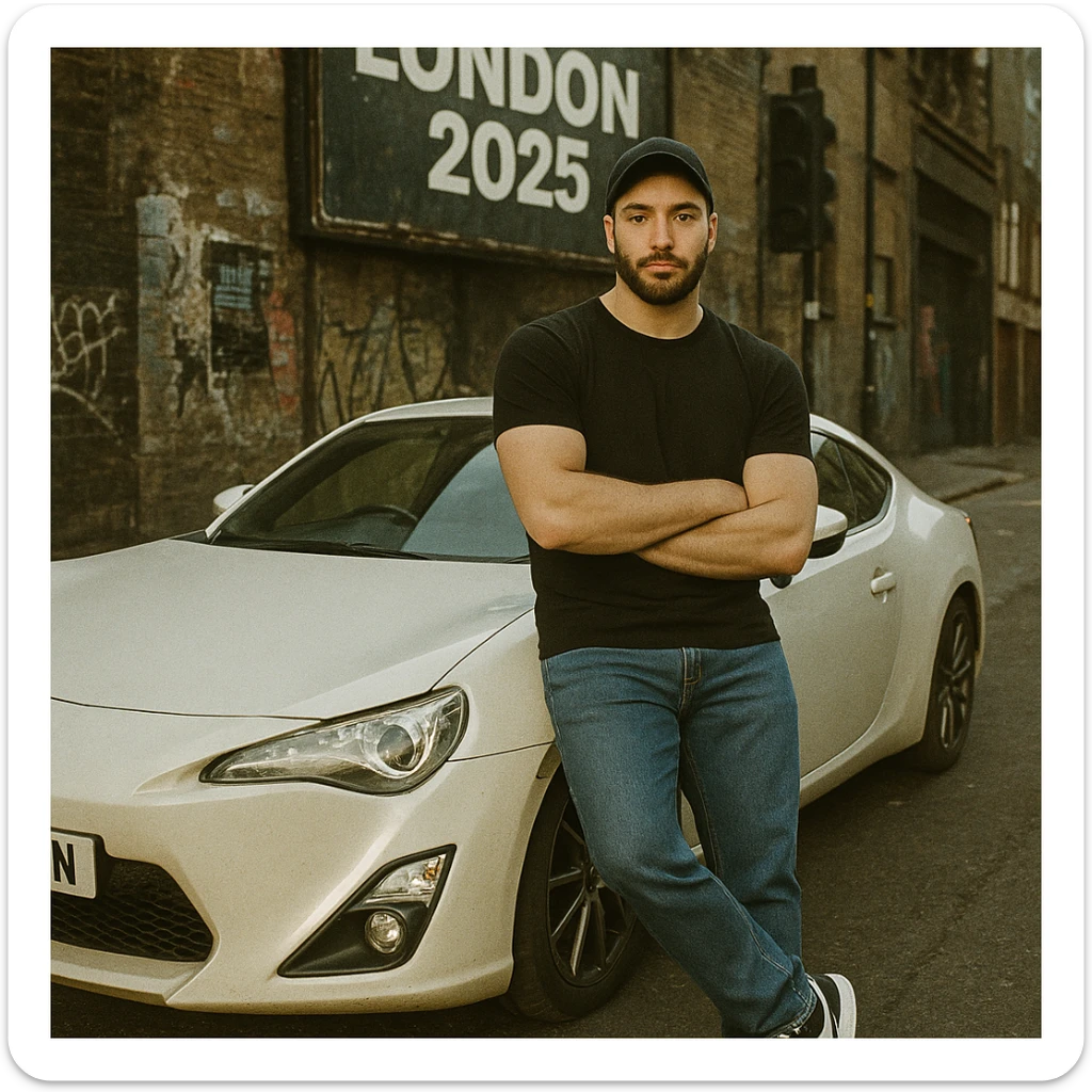 Grunge-style analog photo, London 2025, person inspired by the new reference image leaning against a Nissan GT 86, model pose, black t-shirt, jeans, Nike Air Jordan low, using flash, urban background, analog grain, 3/8. sticker
