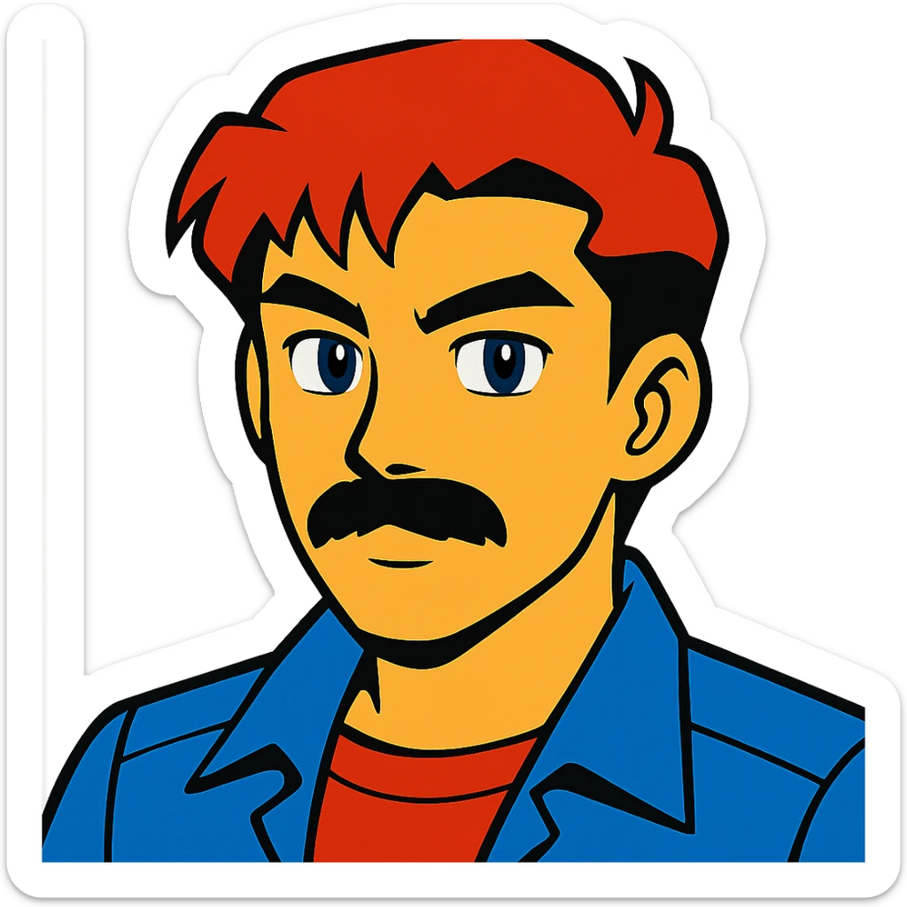 asian man with black mustache and red hair, 90's anime style, vibrant toon style sticker