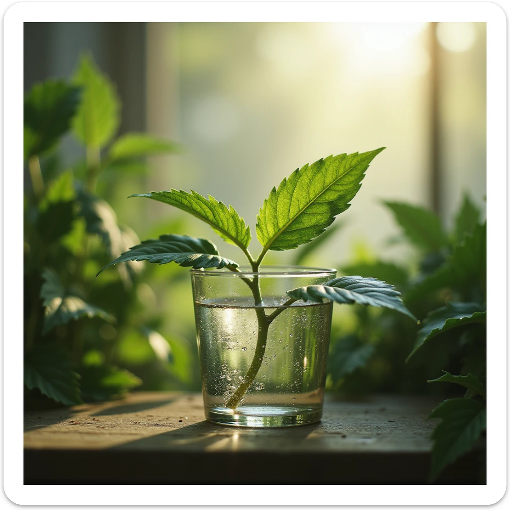 realistic whole plant absorbing sunlight, with subtle hints of water and CO₂, no background, transparent sticker