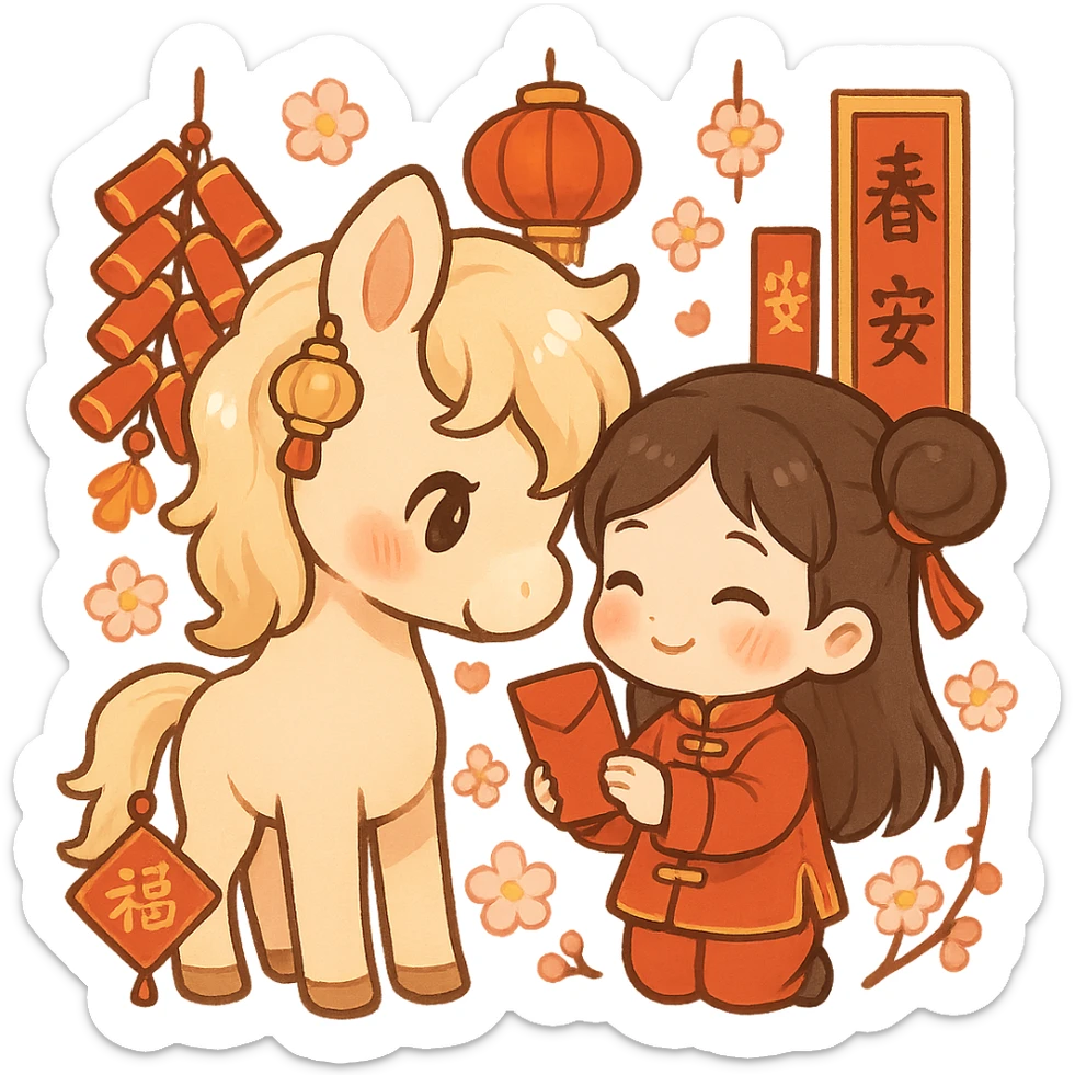 cute chibi style pony with soft brown fur and creamy mane, wearing a golden small lantern hair accessory, interacting affectionately with a little girl dressed in a bright red Tang suit holding a red envelope, pony's tail decorated with a red 'Fu' character hanging ornament, surrounded by Chinese New Year decorations including firecrackers, lanterns, spring couplets, and peach blossoms, main colors red, gold, orange, cream, and white, full body, transparent background, warm and healing atmosphere, suitable for Spring Festival stickers or red envelope illustrations sticker