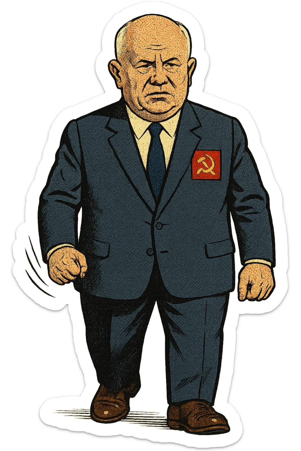 The full body of a male middle aged Russian leader who looks like Nikita Khrushchev wearing a suit with the community party logo and looking seriously sticker