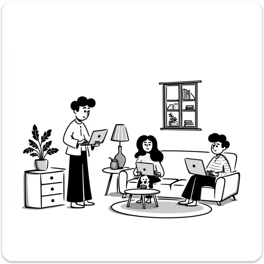 escenary 3d of a cozy mid-century living room with two people working on laptops, one man standing at a desk, and one woman sitting on a couch sticker