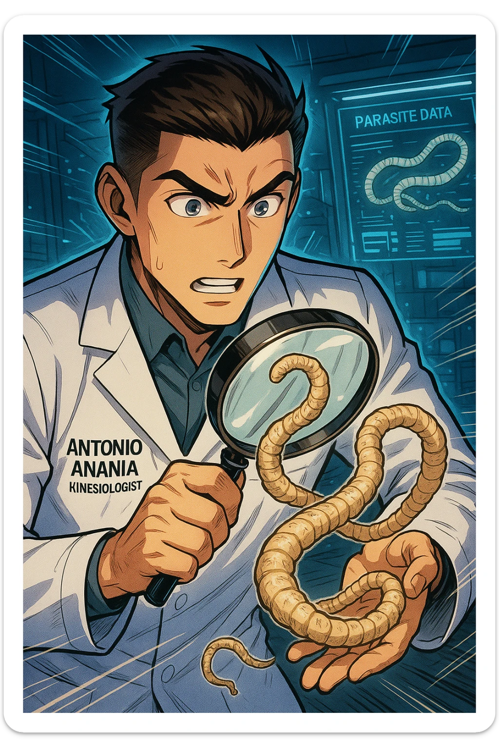 A dynamic manga/webtoon-style illustration of a young male kinesiologist wearing a clean white lab coat, analyzing light beige worms like a tapeworm under a magnifying glass. His expression is focused and slightly intrigued, with sharp, detailed eyes. The art style is vibrant, with bold linework, rich colors, and dramatic lighting. The background is a futuristic laboratory with glowing holographic screens displaying parasite data. The tapeworm is intricately drawn, slimy and segmented, with a slightly exaggerated yet realistic texture. The composition is dynamic, with motion lines or energy effects to emphasize his scientific investigation. The atmosphere is intense but not dark, keeping a balance between scientific seriousness and stylish manga aesthetics, he has "ANTONIO ANANIA" WRITTEN ON WHITE LAB COAT sticker