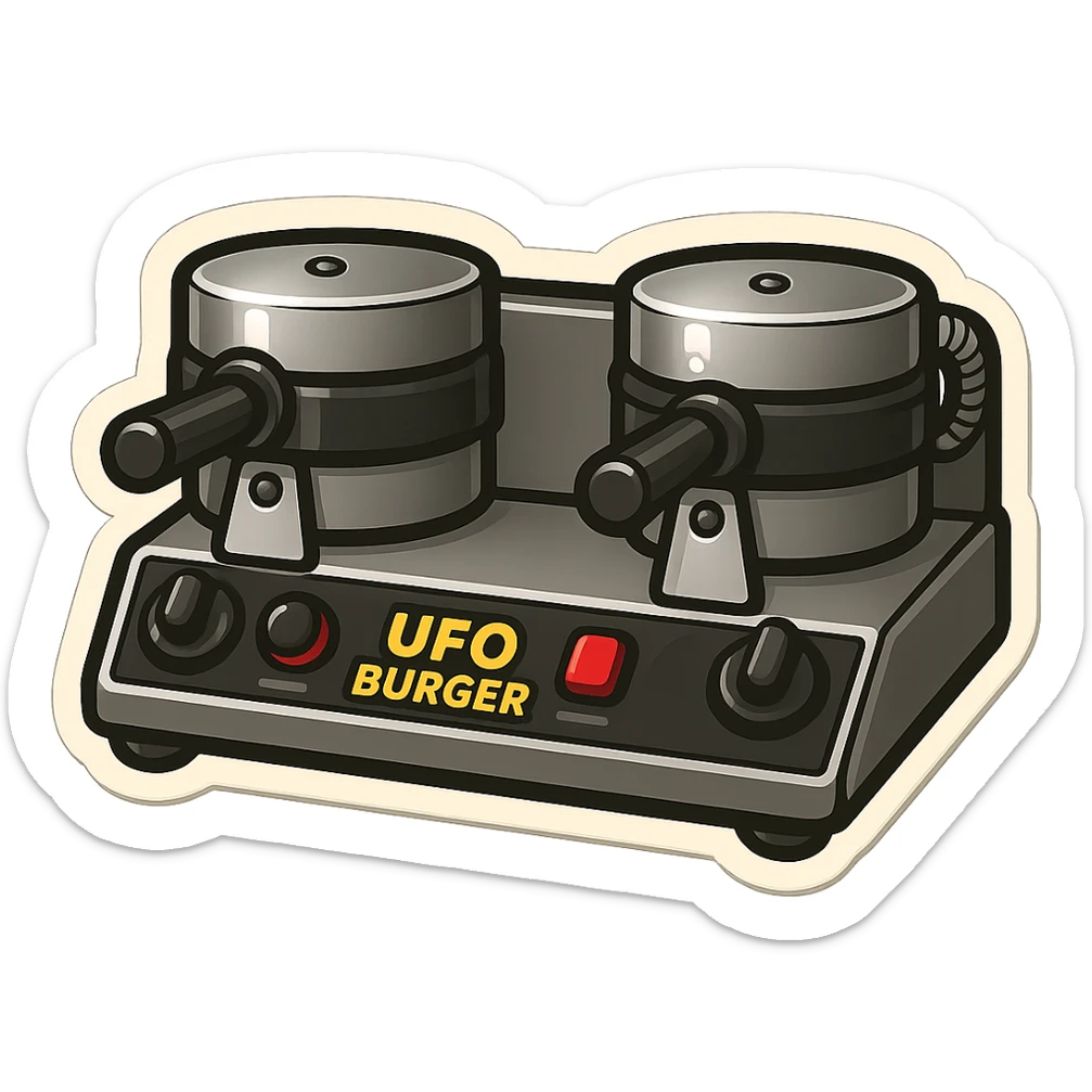 Create a cool emoji of the UFO Burger product in a metallic cartoon style. Include the recognizable double press machine with the 'UFO BURGER' label. Make the emoji compact, bold, and emoji-like with a clean outline and a touch of shine, preserving the metallic look and cartoon charm. sticker