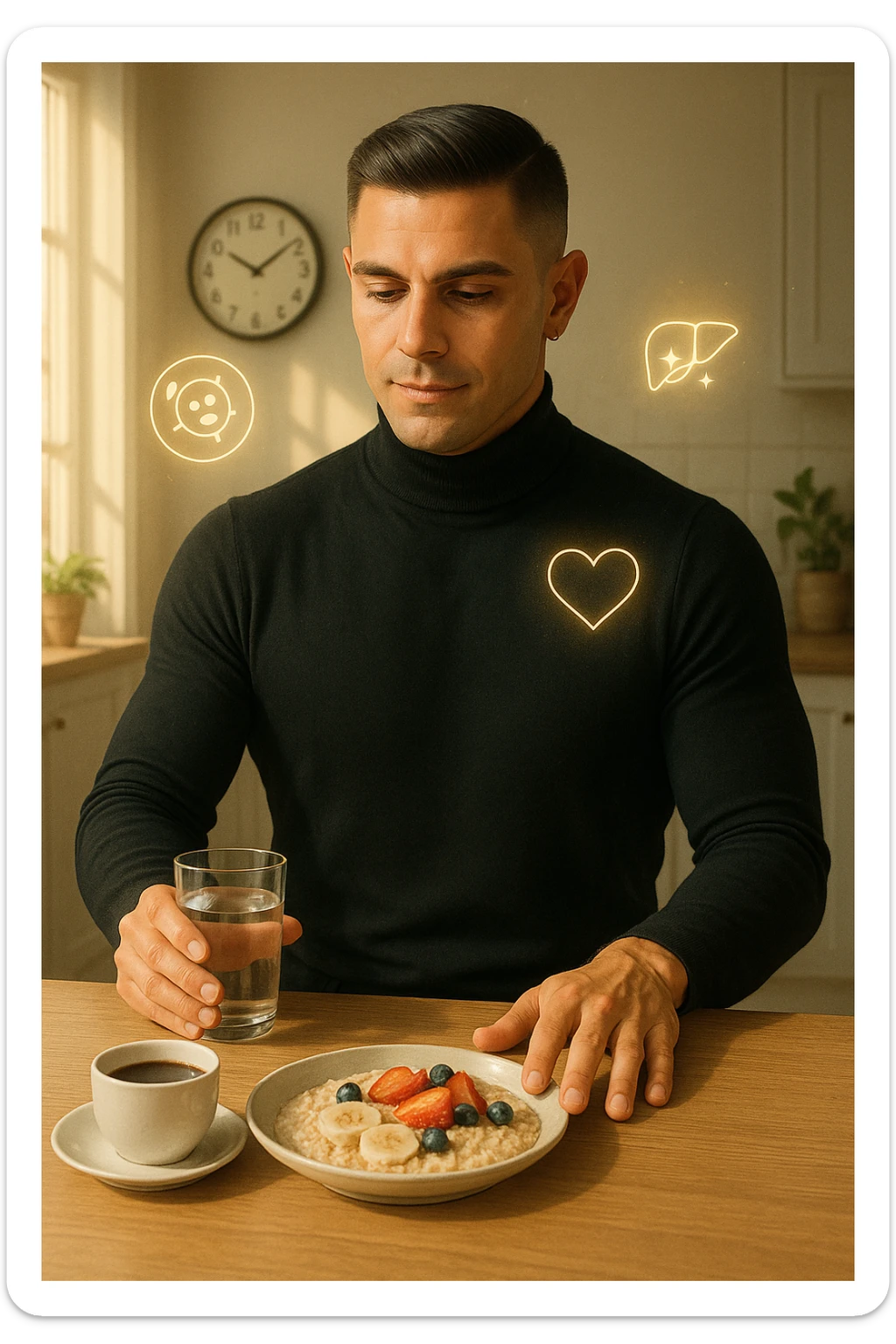 A realistic, cinematic illustration of a man in his early 30s with a fit, healthy appearance, standing in a bright kitchen in the morning. The kitchen table has a prepared but untouched healthy breakfast (oatmeal, fruit, coffee) on it, while the man, with a calm and focused expression, gently pushes the plate away with one hand while holding a glass of water in the other. A wall clock in the background shows 8:00 AM, indicating the morning fasting window, while sunlight streams in, illuminating the scene. Subtle glowing icons of a regenerating cell, a clean liver, and a heart float softly around him, symbolizing the health benefits of intermittent fasting. The atmosphere is clean, minimal, and motivating, showing that the man chooses intermittent fasting consciously for health, clarity, and energy rather than weight loss alone. The color palette is warm, with natural light and a slight film grain for depth sticker