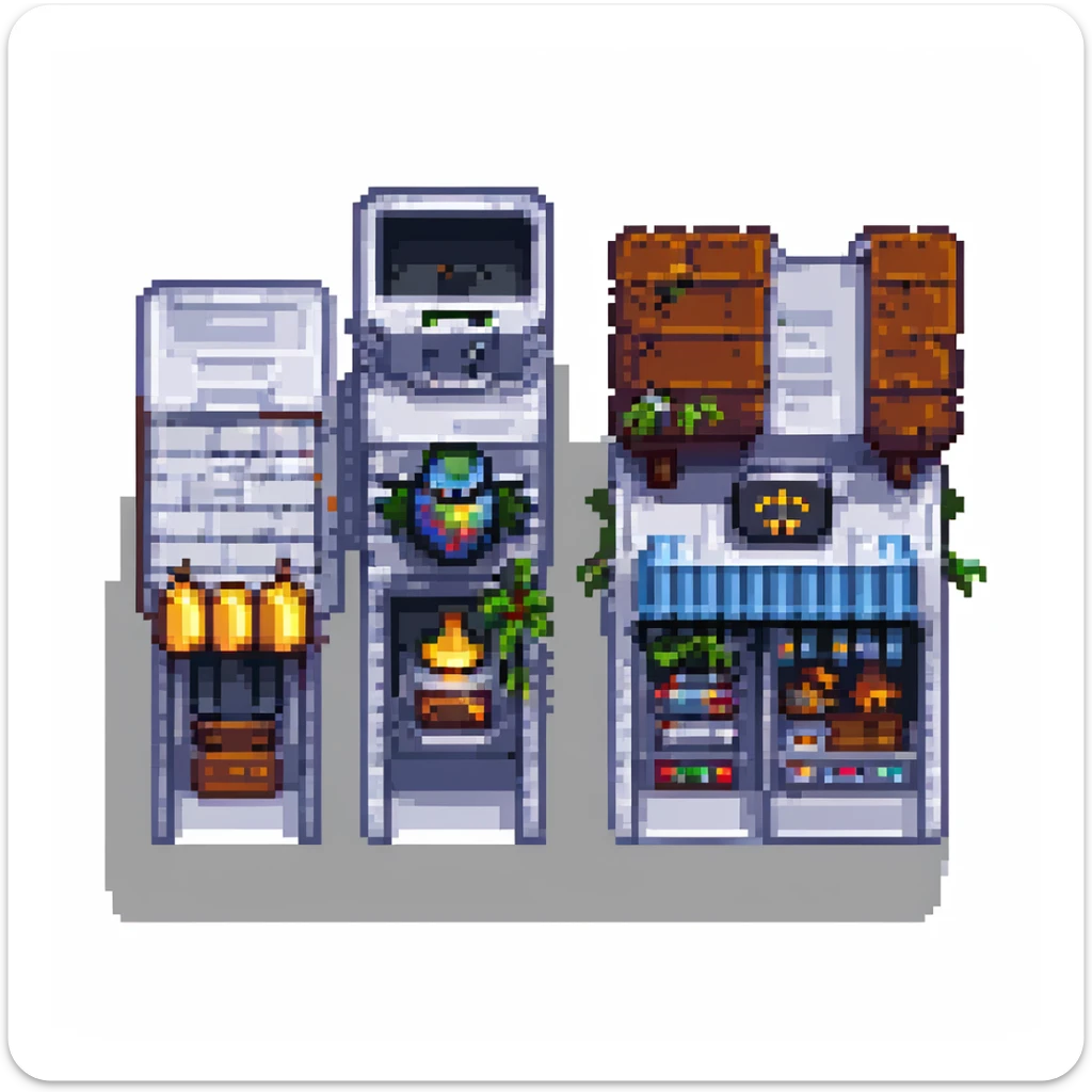 Wide pixel art background of a dark Gotham City street. Empty road with sidewalk, flickering lamppost casting light, trash bins nearby, distant shadowy silhouettes. Tall buildings in the background, moody atmosphere, subtle rain or fog. sticker