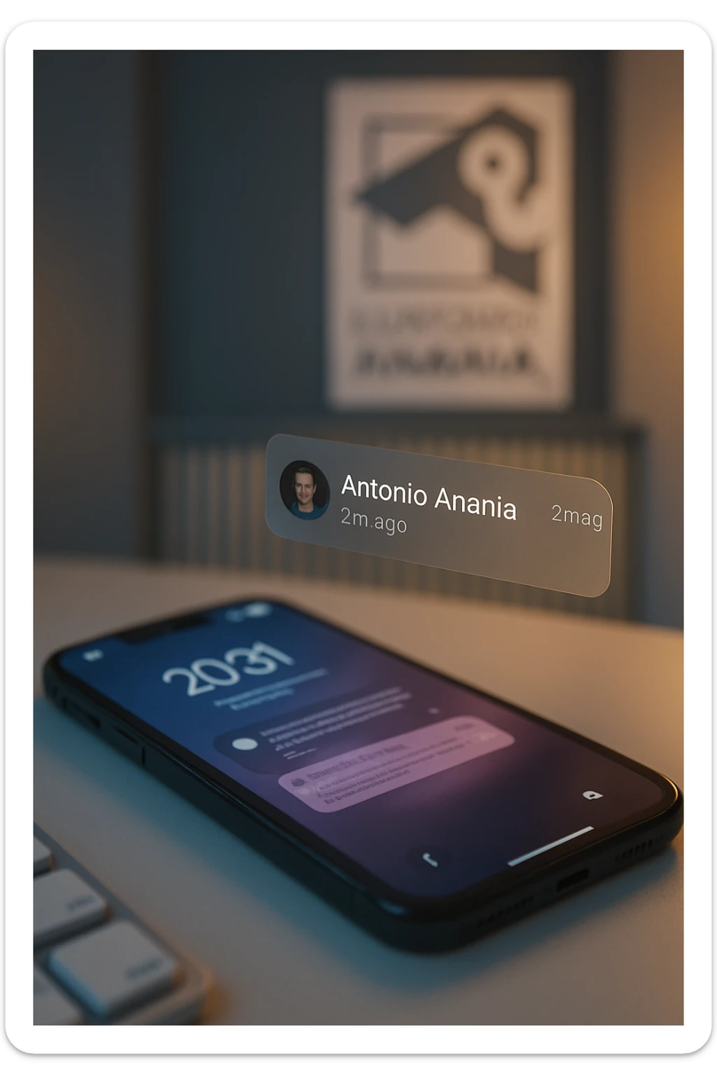 A photo of an iPhone with the message "Antonio Anania" on its scree, both surrounded by soft light and shadow. The phone sits atop a desk with a blurred background that suggests work environment. A faint glow from above casts gentle shadows across the surface of each object, creating depth and highlighting their textures. sticker