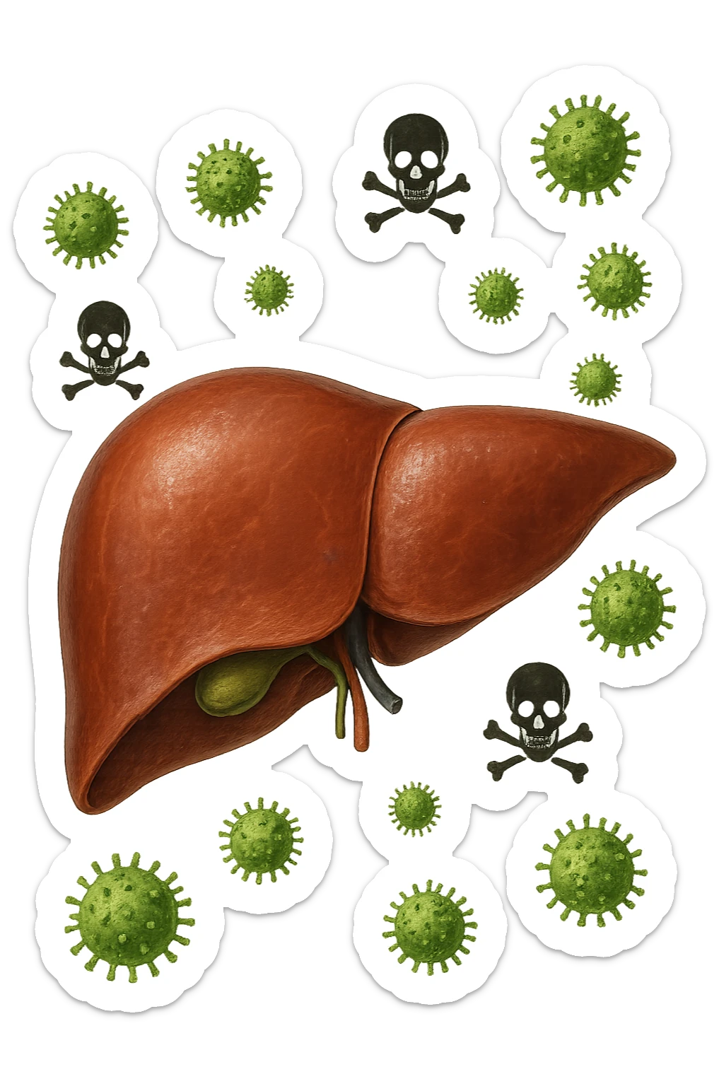 fegato umano anatomico con tossine che gli fluttuano intorno sticker